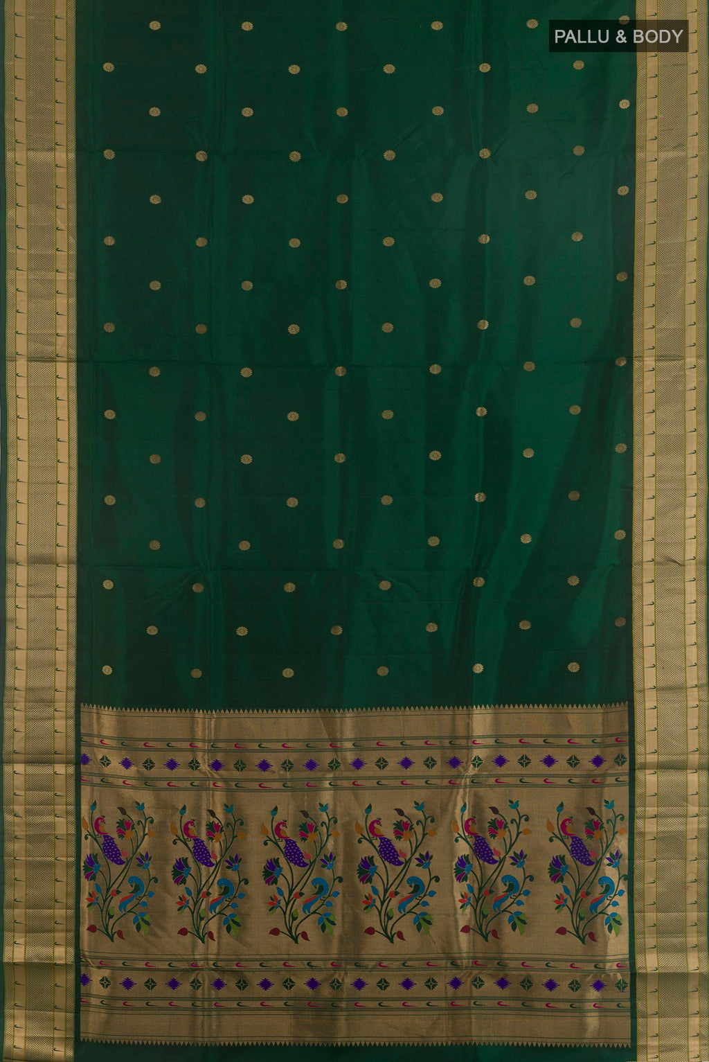 Flat view of Pure Silk Bottle Green Soft Saree with Zari Butta on the body and Paithani Border. 