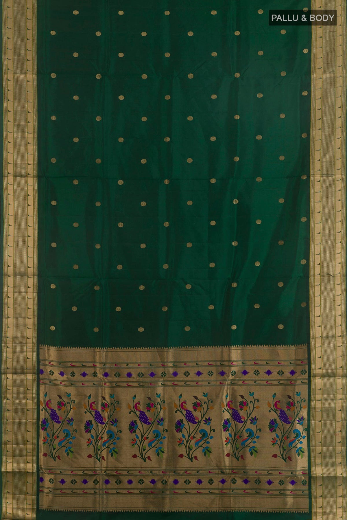 Flat view of Pure Silk Bottle Green Soft Saree with Zari Butta on the body and Paithani Border. 