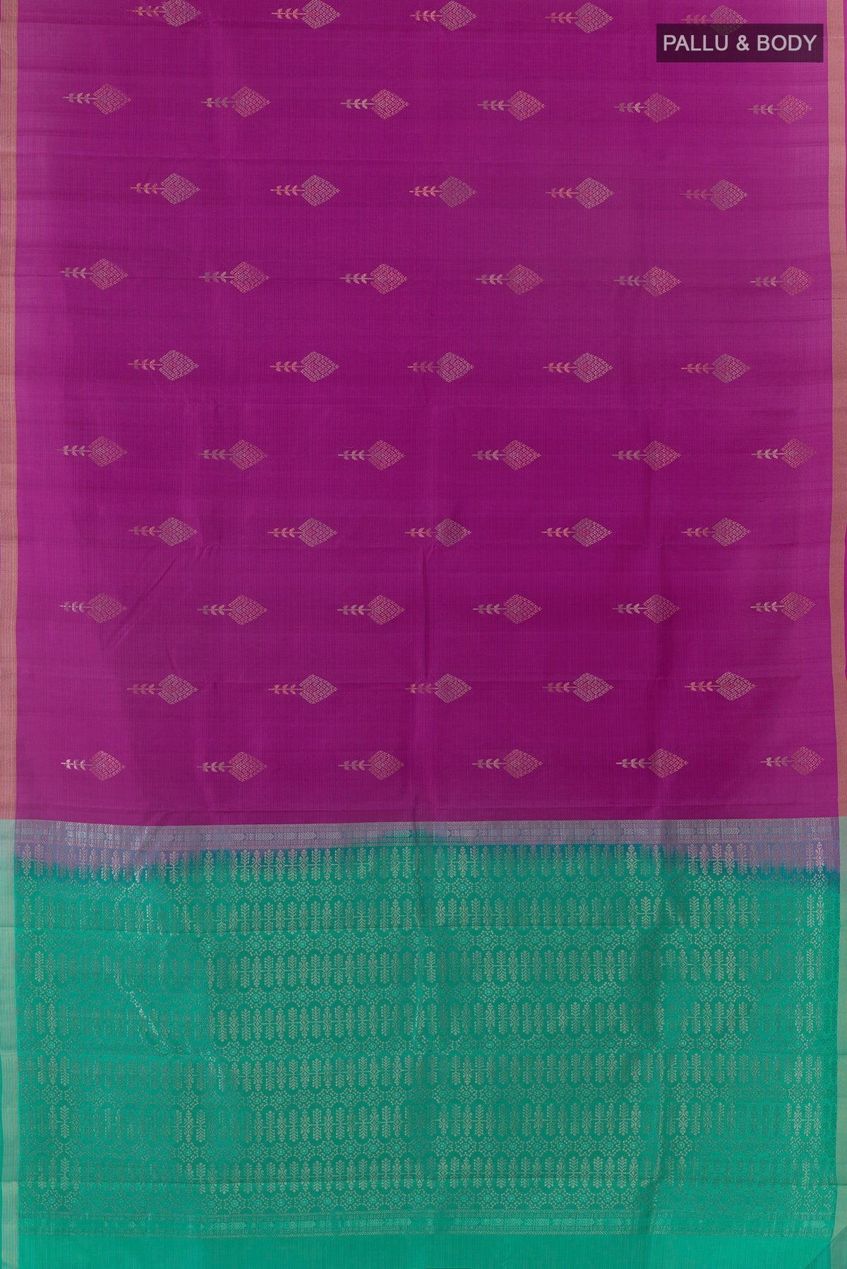 Flat view of Pure Silk Magenta Kanjivaram Saree with Zari Butta on the body and Zari Border. 