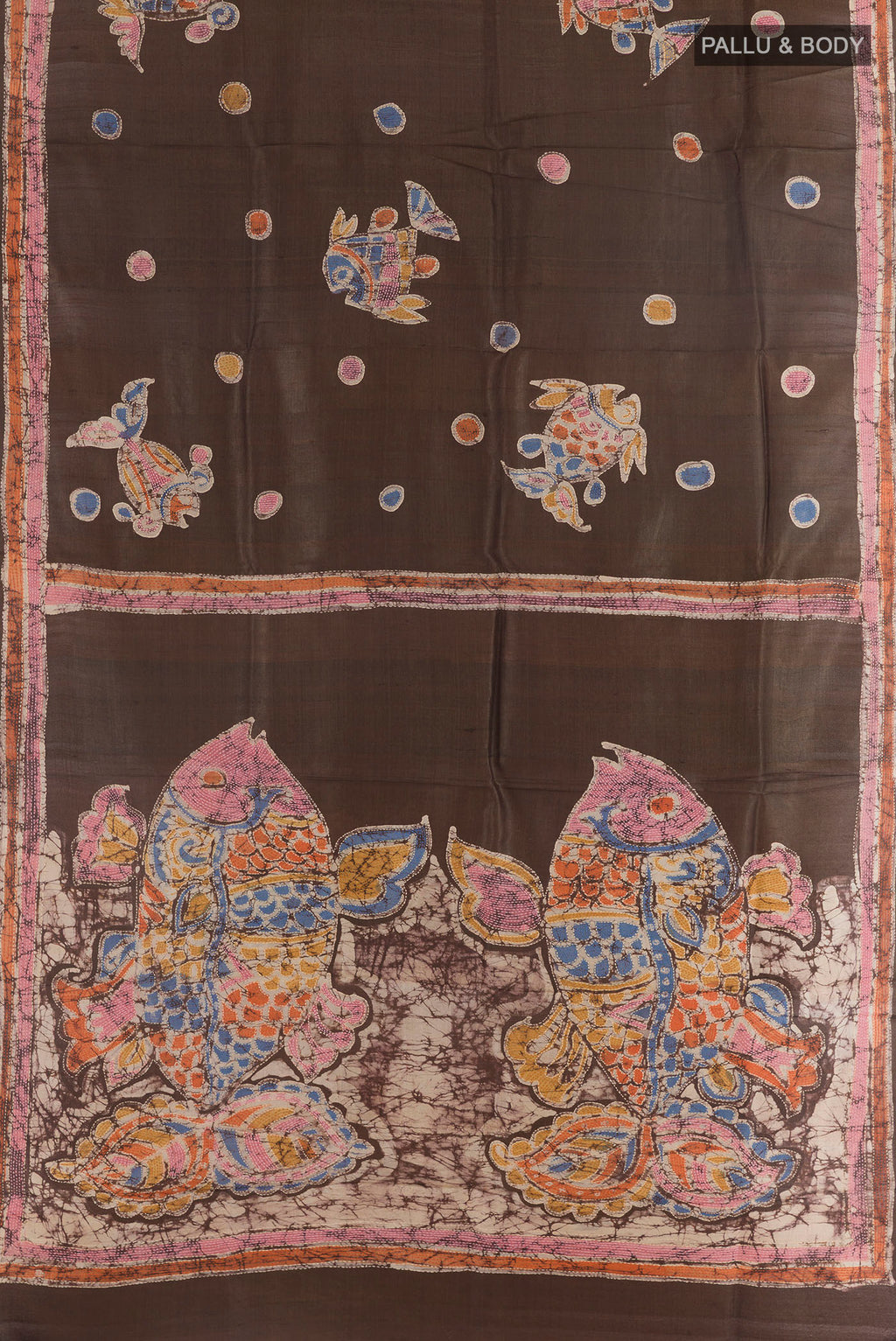 Flat view of Brown Tussar Saree with Kantha Work on the body and Embroidered Border. 