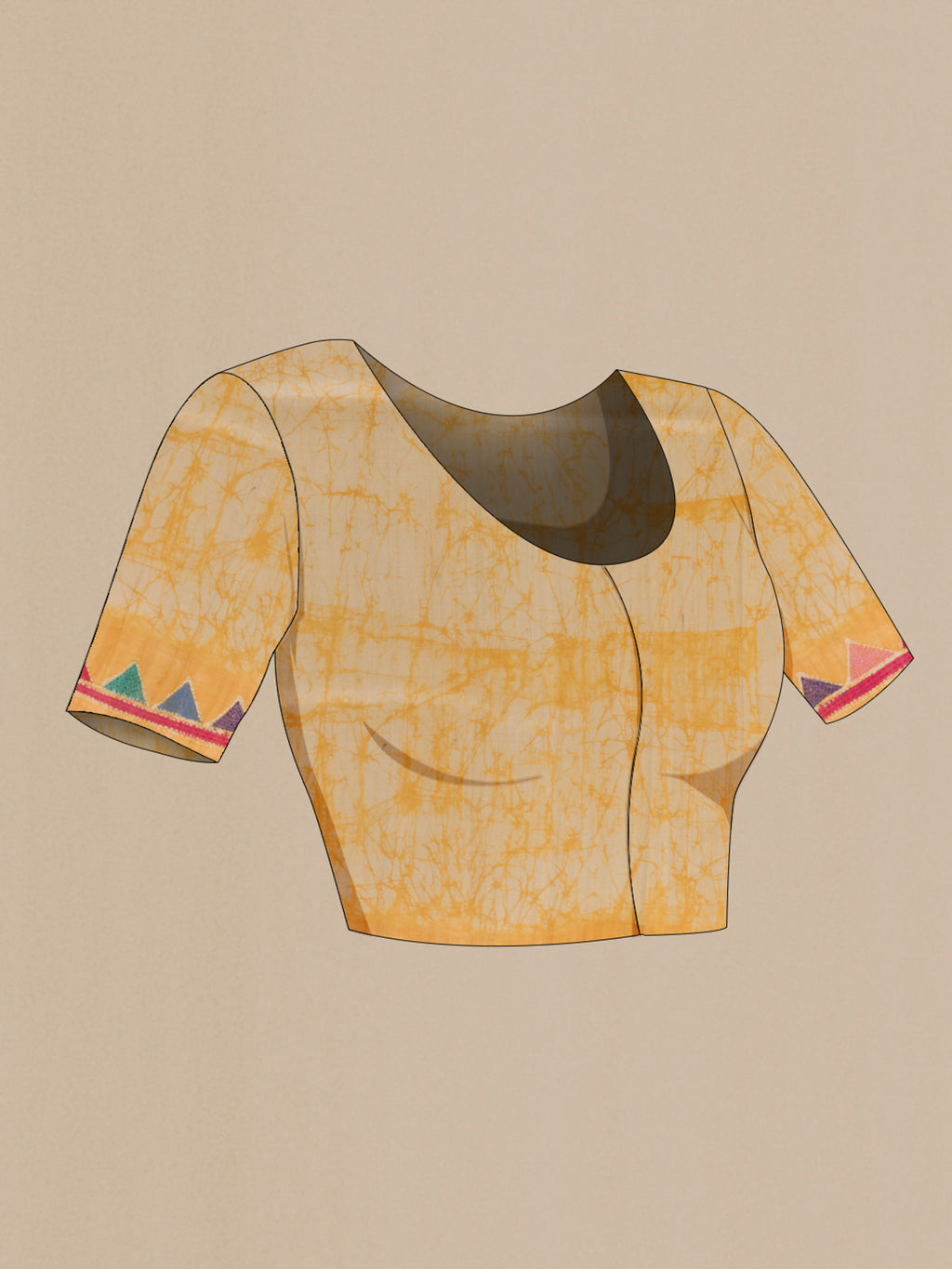 Close up image of the blouse of Yellow Tussar Saree with Kantha Work on the body and Embroidered Border. 