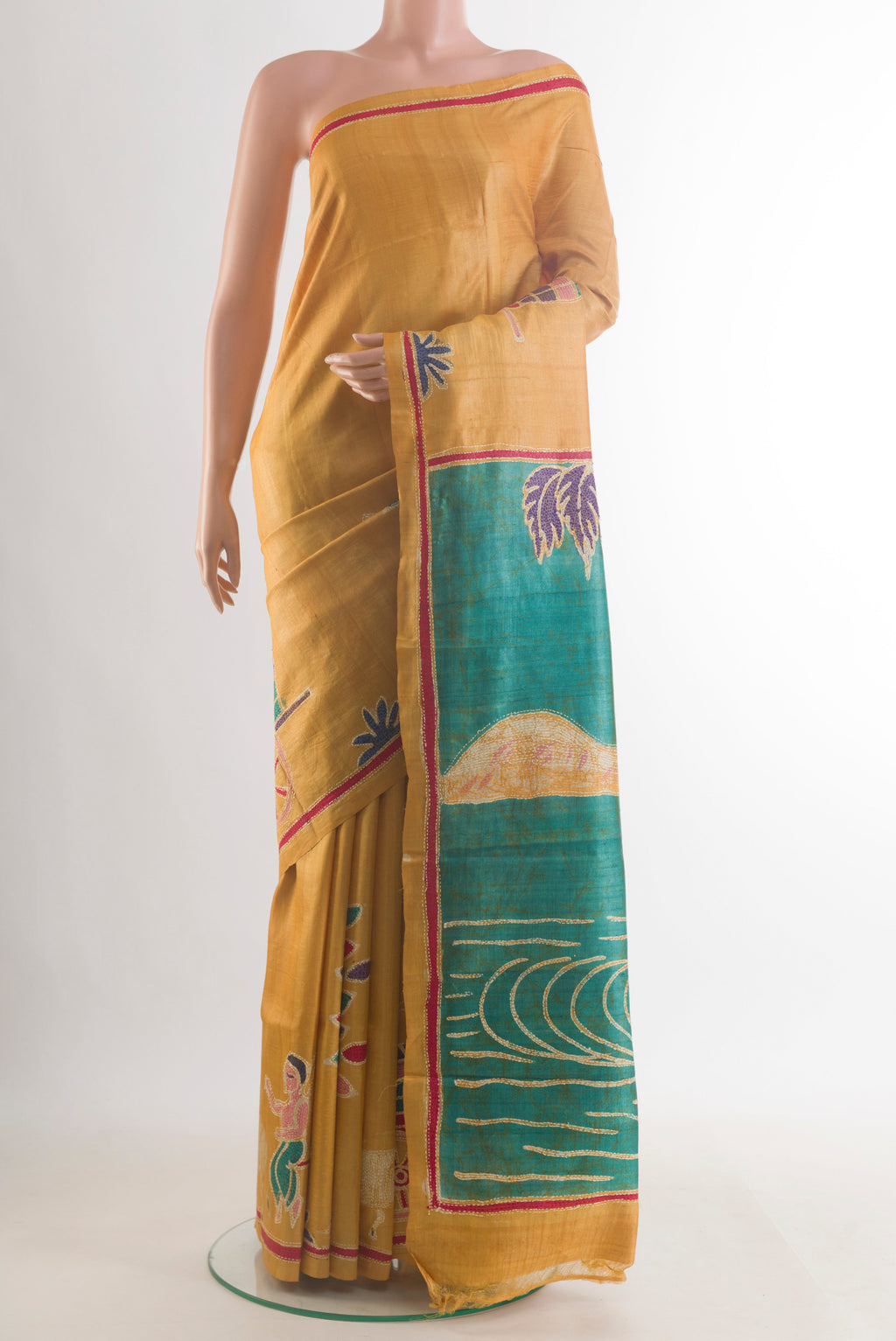Yellow Tussar Saree with Kantha Work on the body and Embroidered Border.  displayed on a mannequin