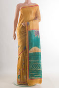 Yellow Tussar Saree with Kantha Work on the body and Embroidered Border.  displayed on a mannequin