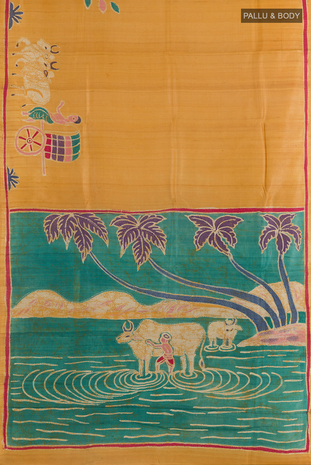 Flat view of Yellow Tussar Saree with Kantha Work on the body and Embroidered Border. 