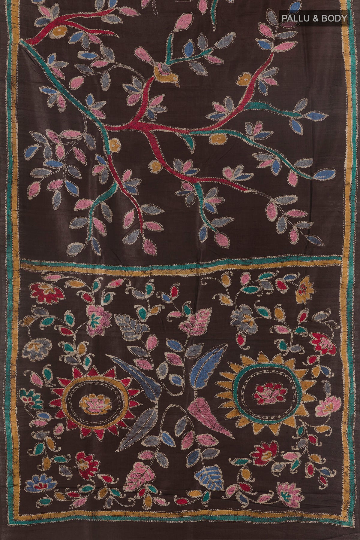 Flat view of Brown Tussar Saree with Kantha Work on the body and Embroidered Border. 
