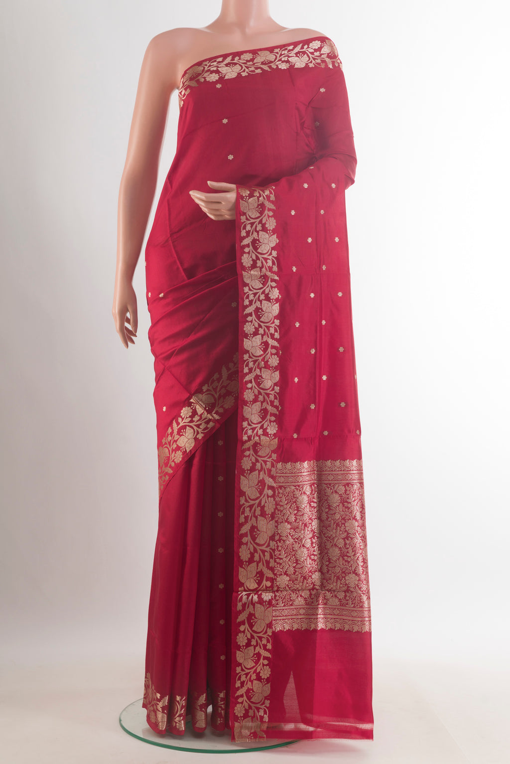 Pure Silk Red Banarasi Katan Saree with Zari Butta on the body and Zari Border.  displayed on a mannequin