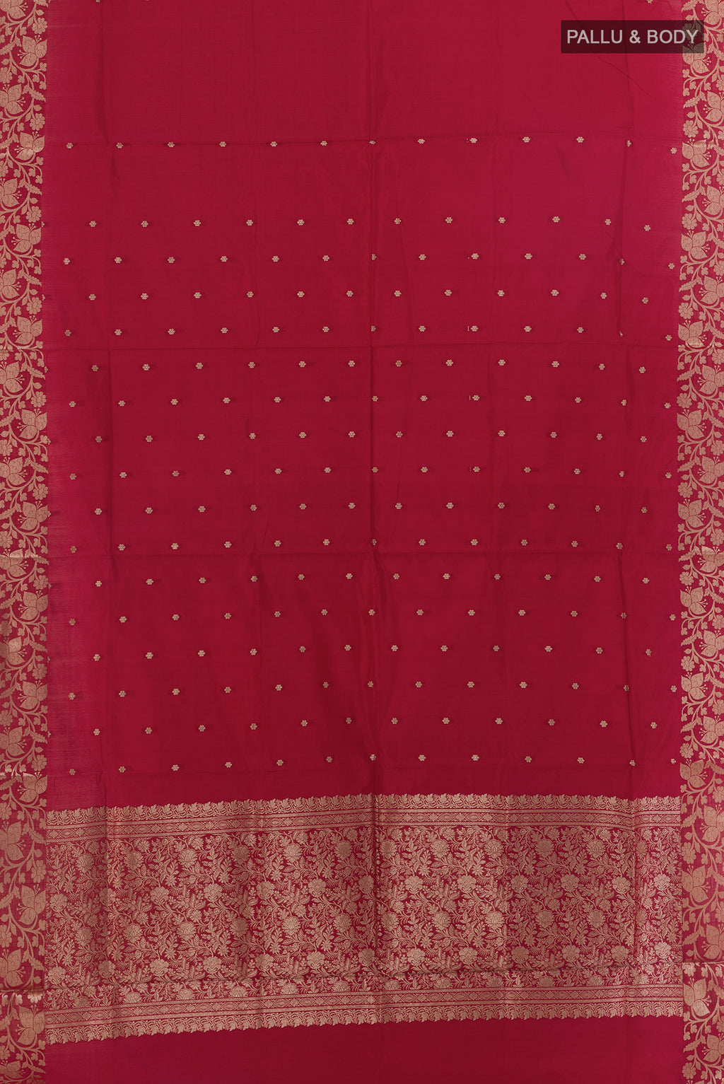 Flat view of Pure Silk Red Banarasi Katan Saree with Zari Butta on the body and Zari Border. 