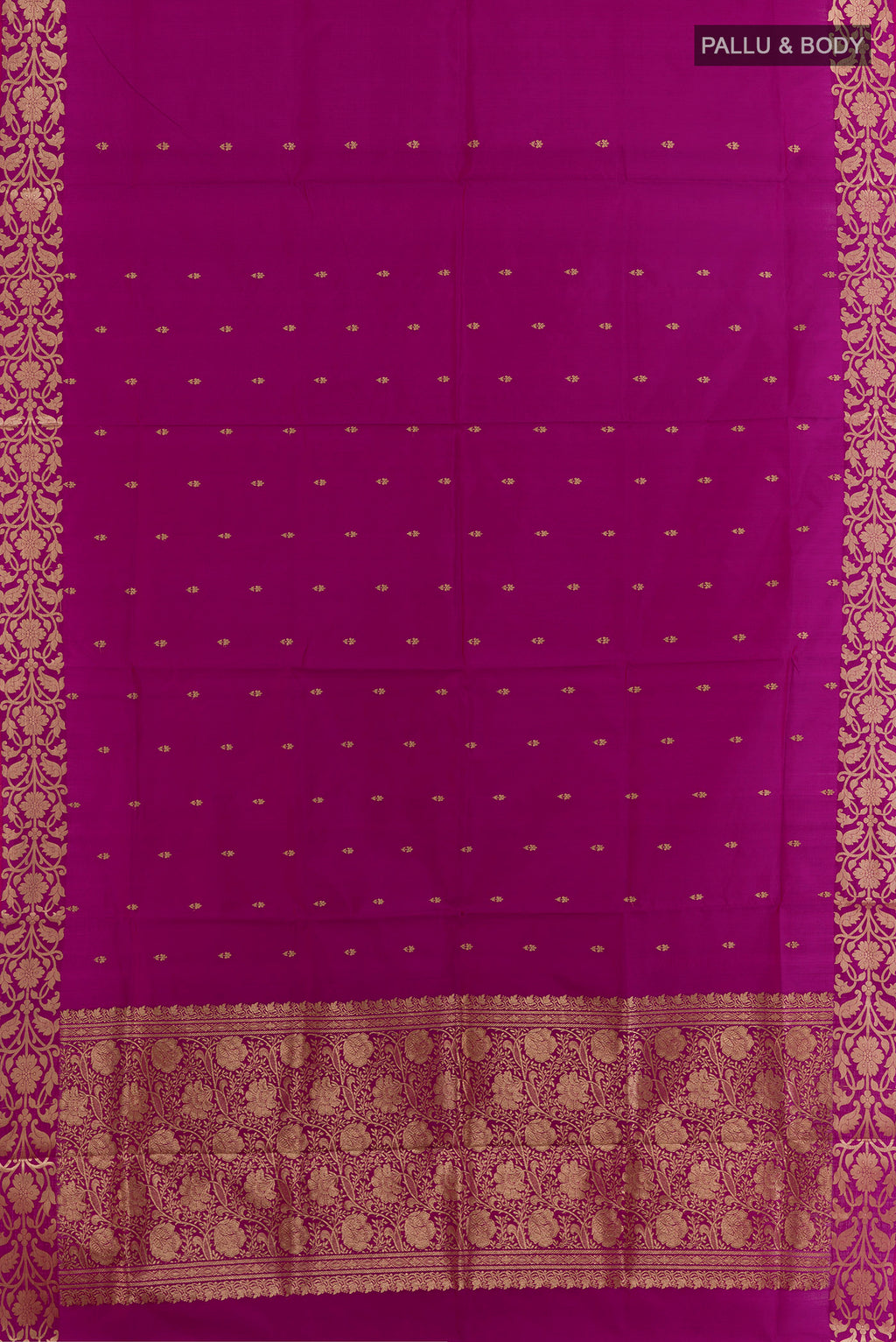 Flat view of Pure Silk Magenta Banarasi Katan Saree with Zari Butta on the body and Zari Border. 