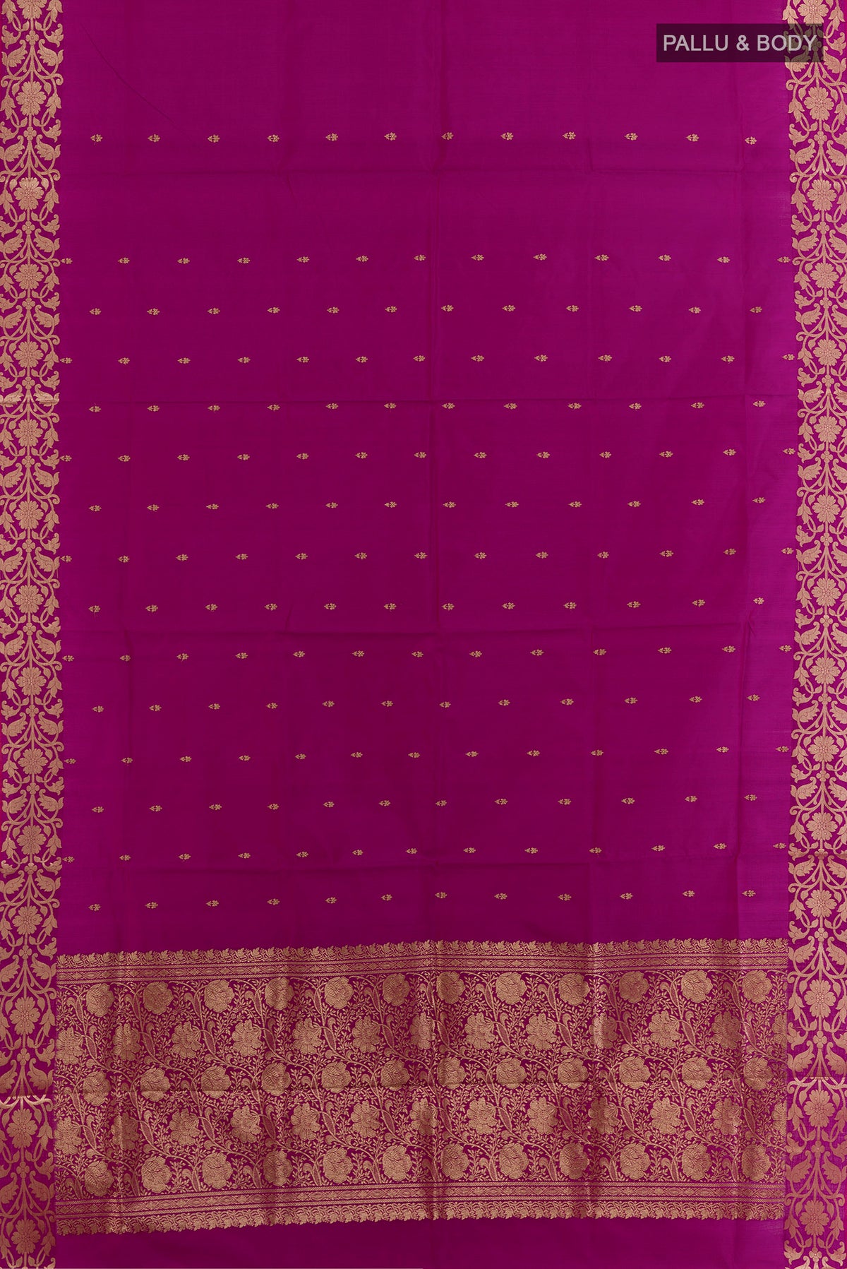 Flat view of Pure Silk Magenta Banarasi Katan Saree with Zari Butta on the body and Zari Border. 