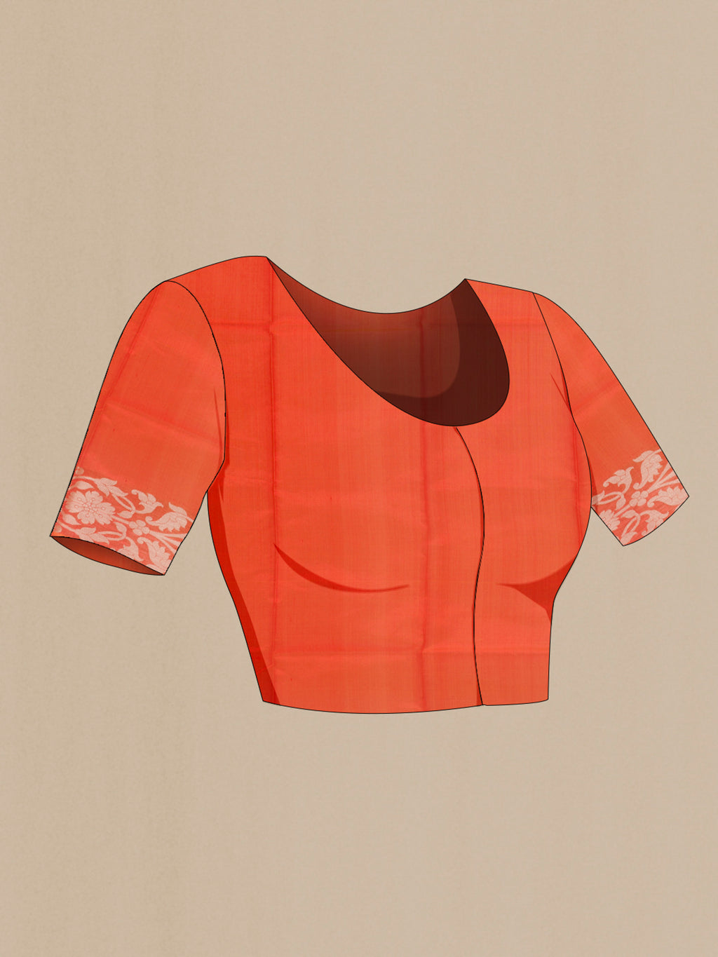 Close up image of the blouse of Pure Silk Orange Banarasi Katan Saree with Zari Butta on the body and Zari Border. 
