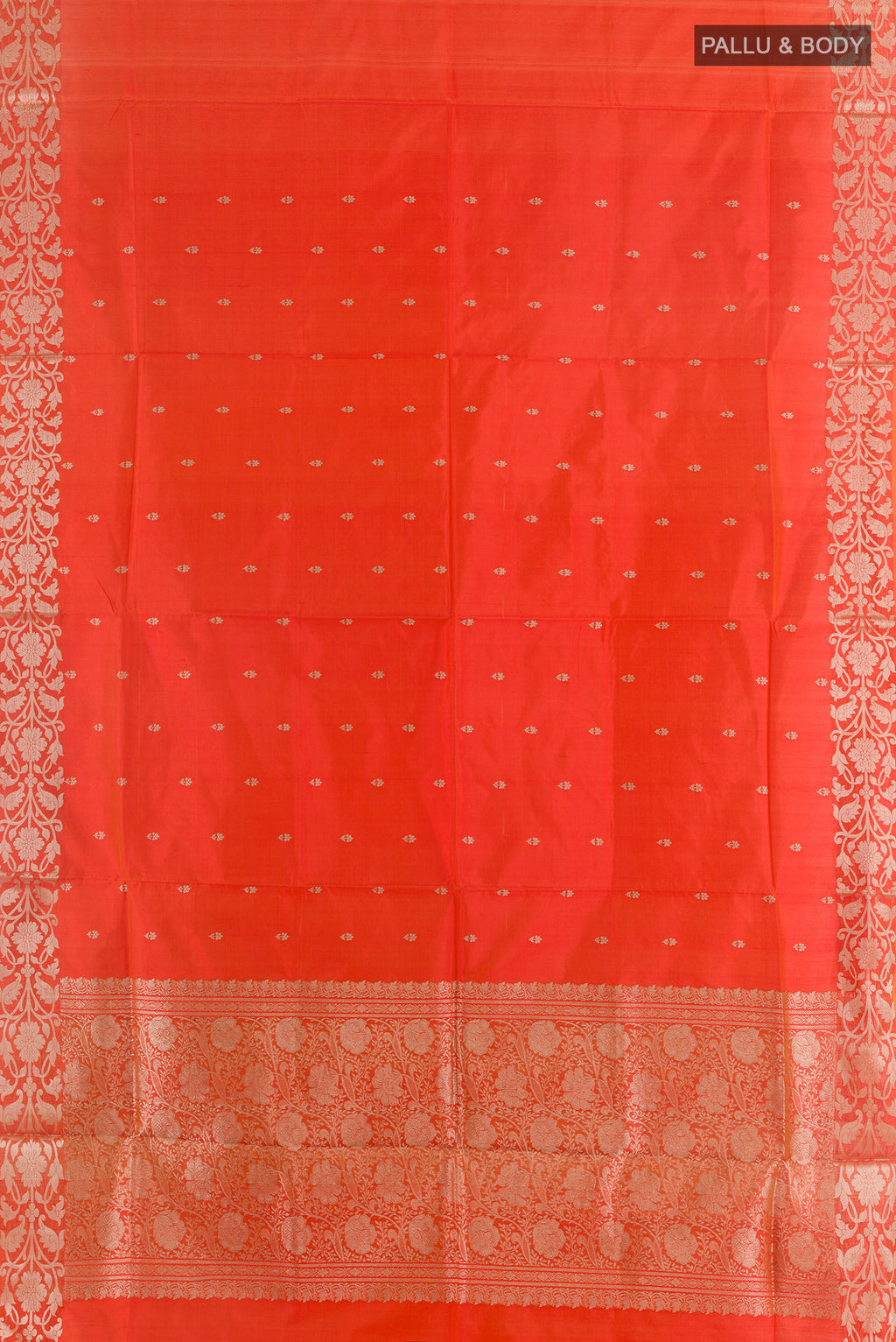 Flat view of Pure Silk Orange Banarasi Katan Saree with Zari Butta on the body and Zari Border. 
