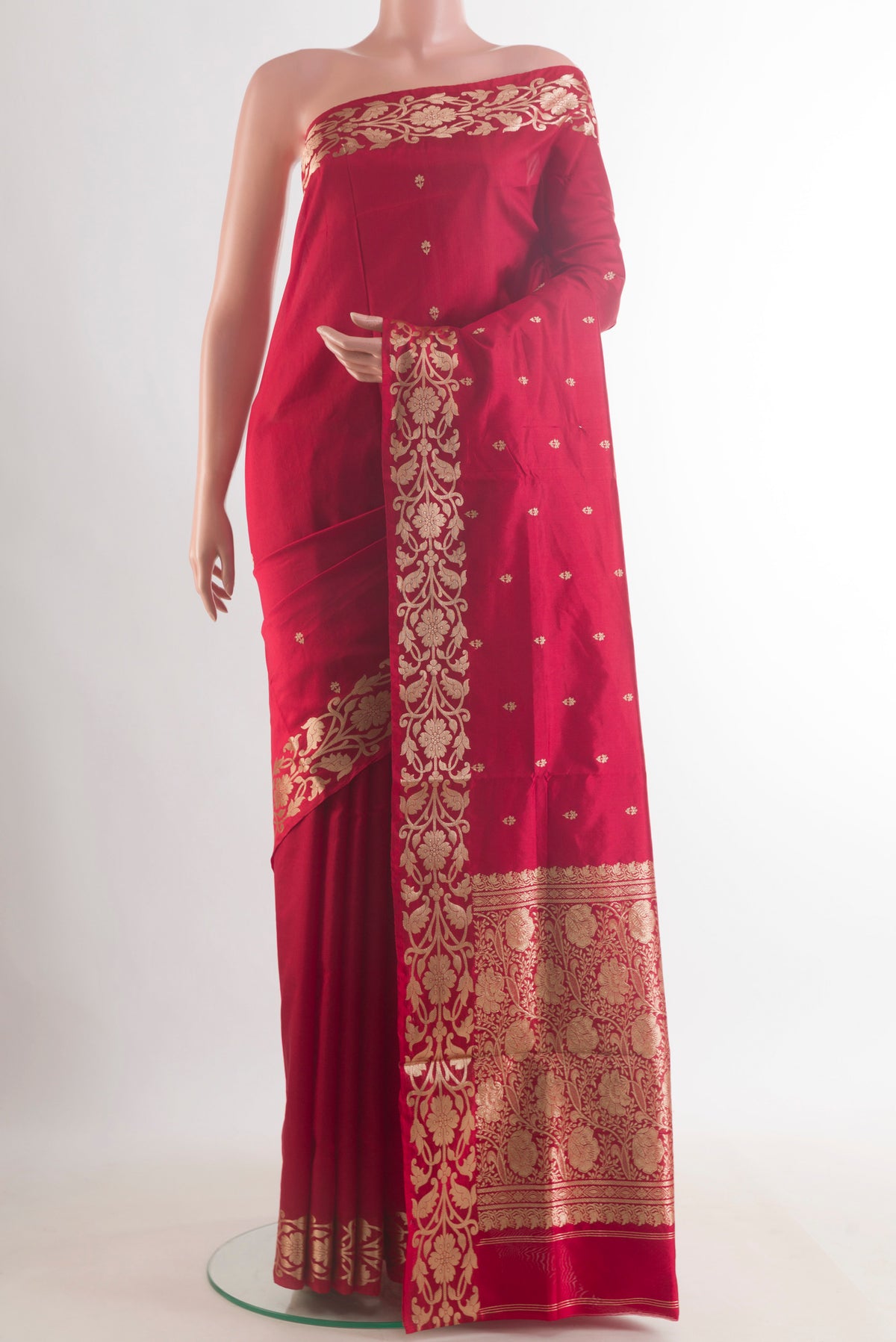 Pure Silk Red Banarasi Katan Saree with Zari Butta on the body and Zari Border.  displayed on a mannequin