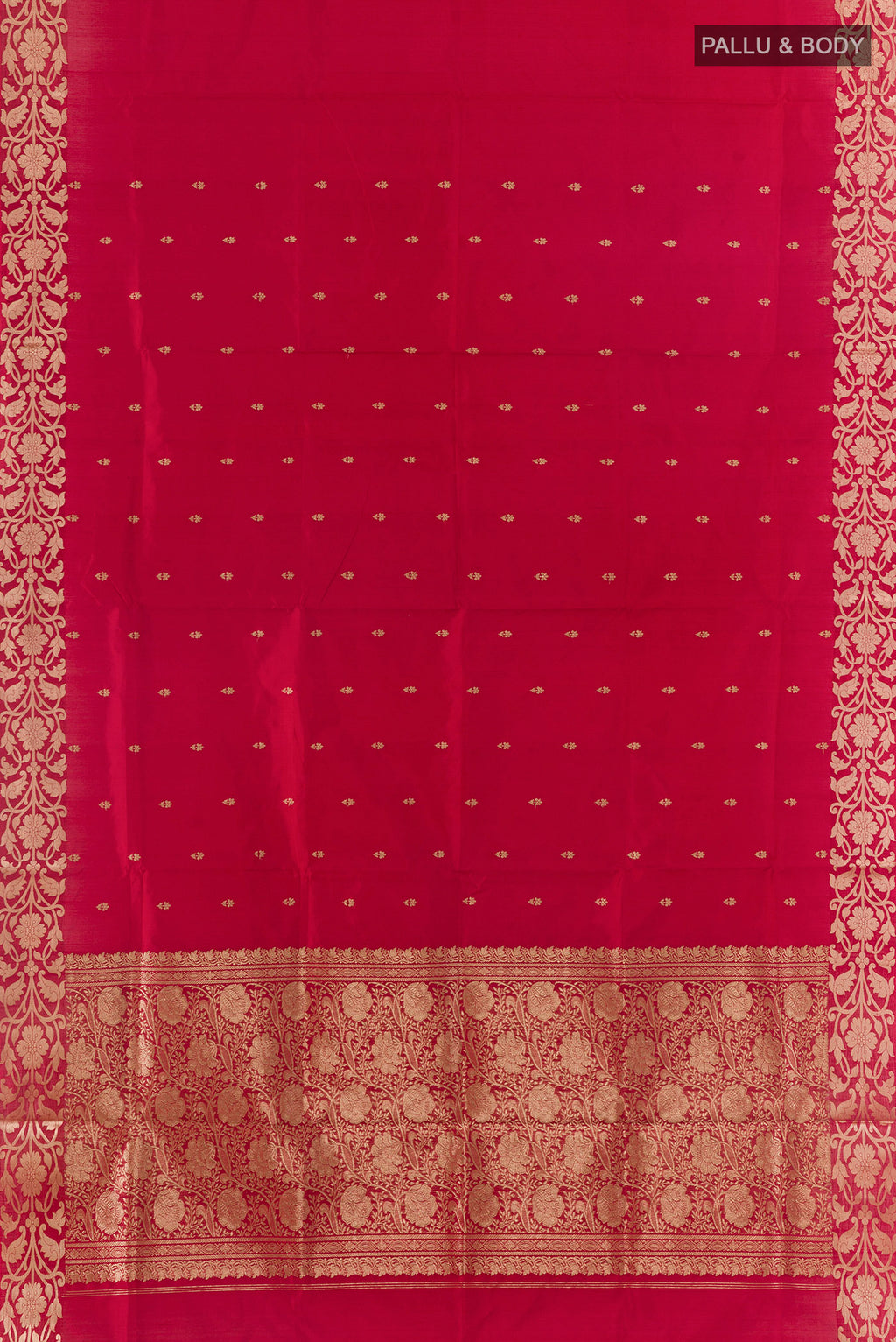 Flat view of Pure Silk Red Banarasi Katan Saree with Zari Butta on the body and Zari Border. 