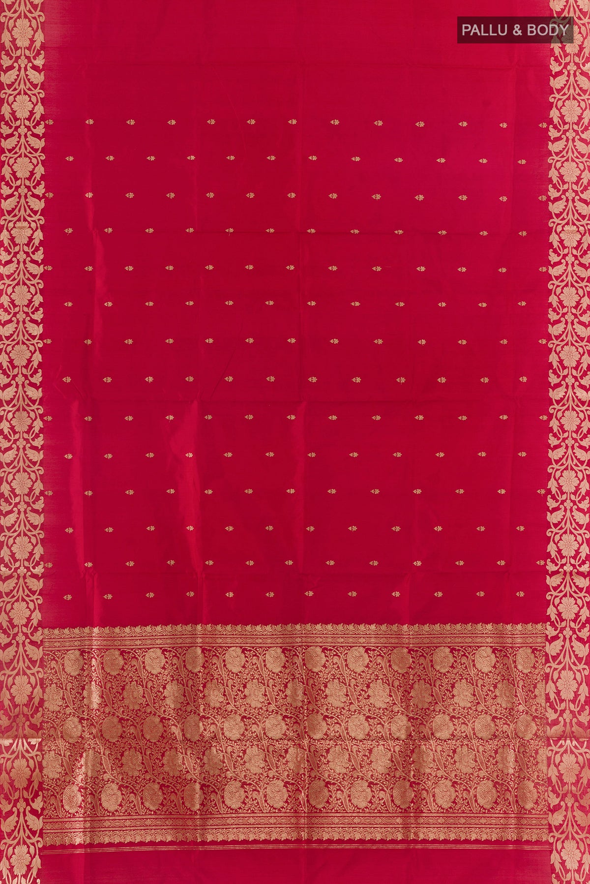 Flat view of Pure Silk Red Banarasi Katan Saree with Zari Butta on the body and Zari Border. 