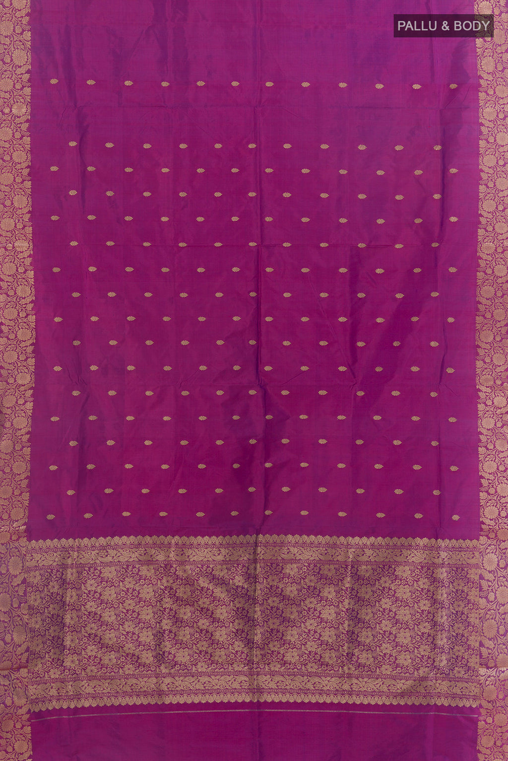 Flat view of Pure Silk Purple Banarasi Katan Saree with Zari Butta on the body and Zari Border. 