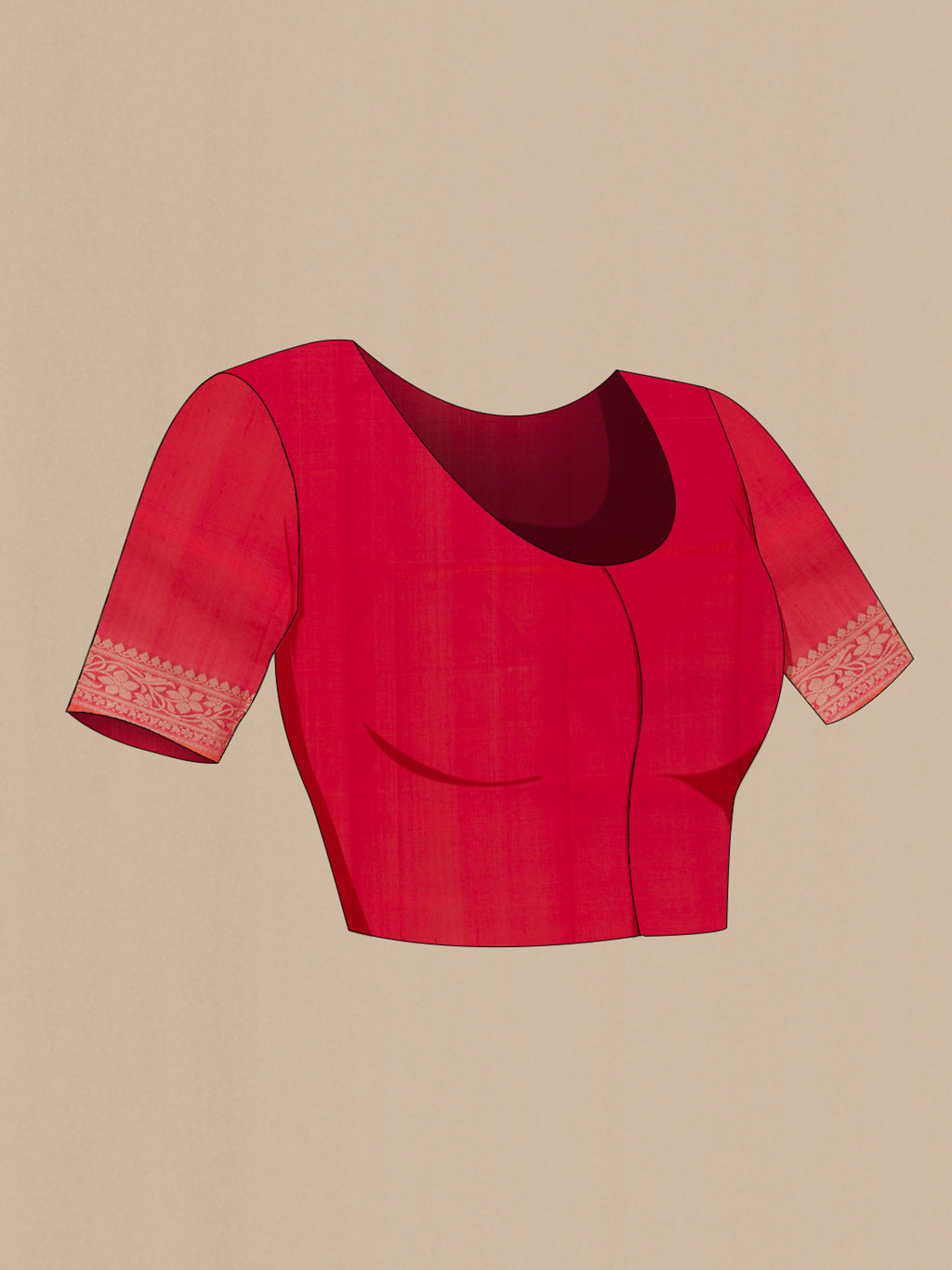 Close up image of the blouse of Pure Silk Red Banarasi Katan Saree with Zari Butta on the body and Zari Border. 