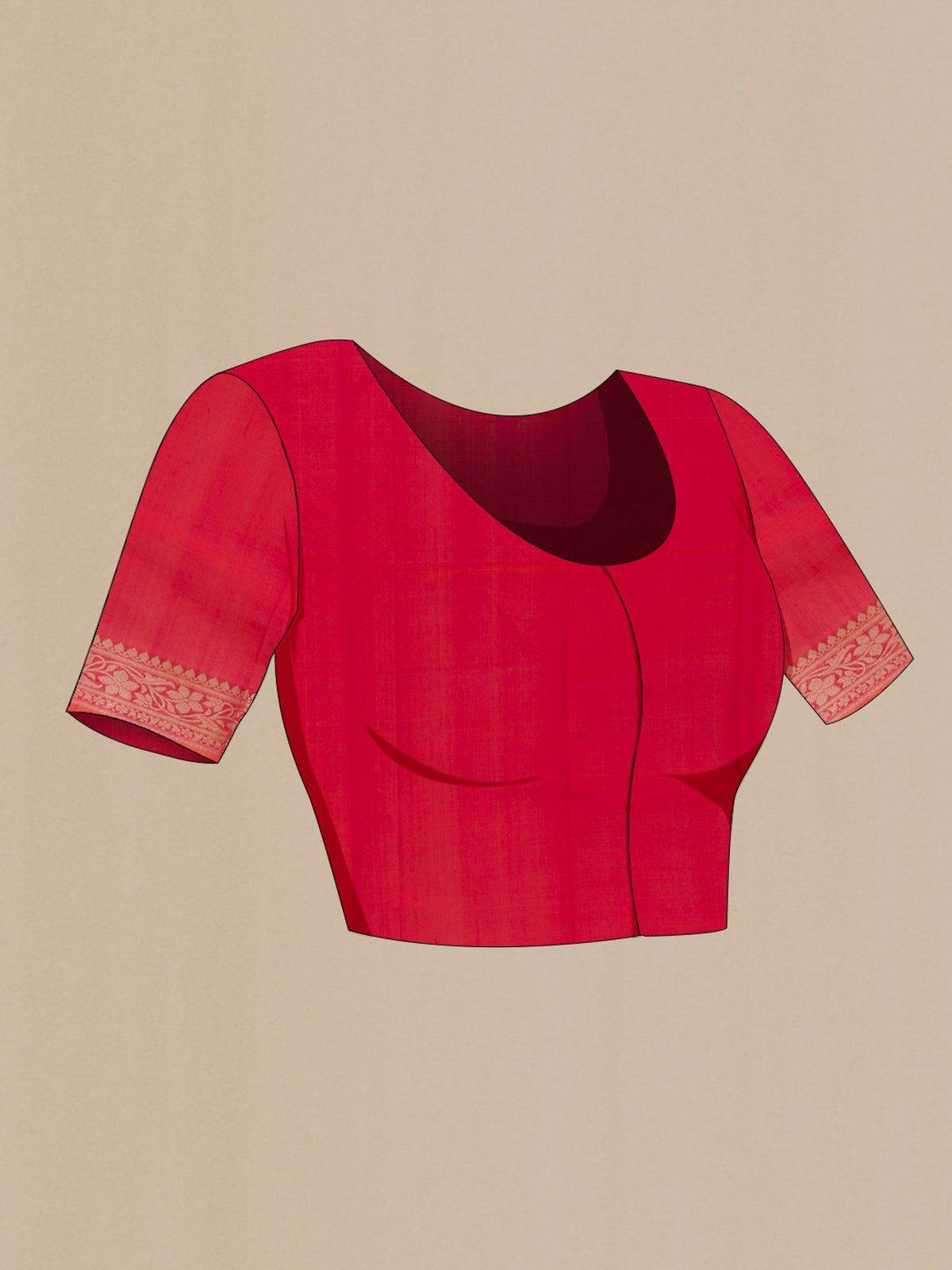 Close up image of the blouse of Pure Silk Red Banarasi Katan Saree with Zari Butta on the body and Zari Border. 