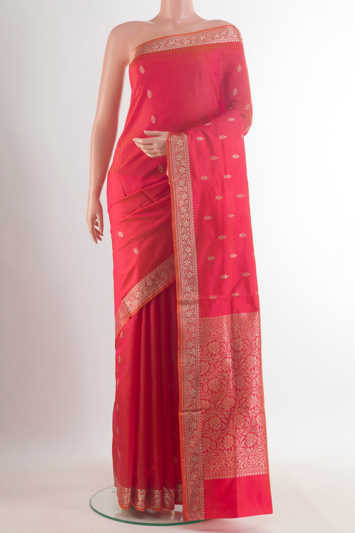Pure Silk Red Banarasi Katan Saree with Zari Butta on the body and Zari Border.  displayed on a mannequin