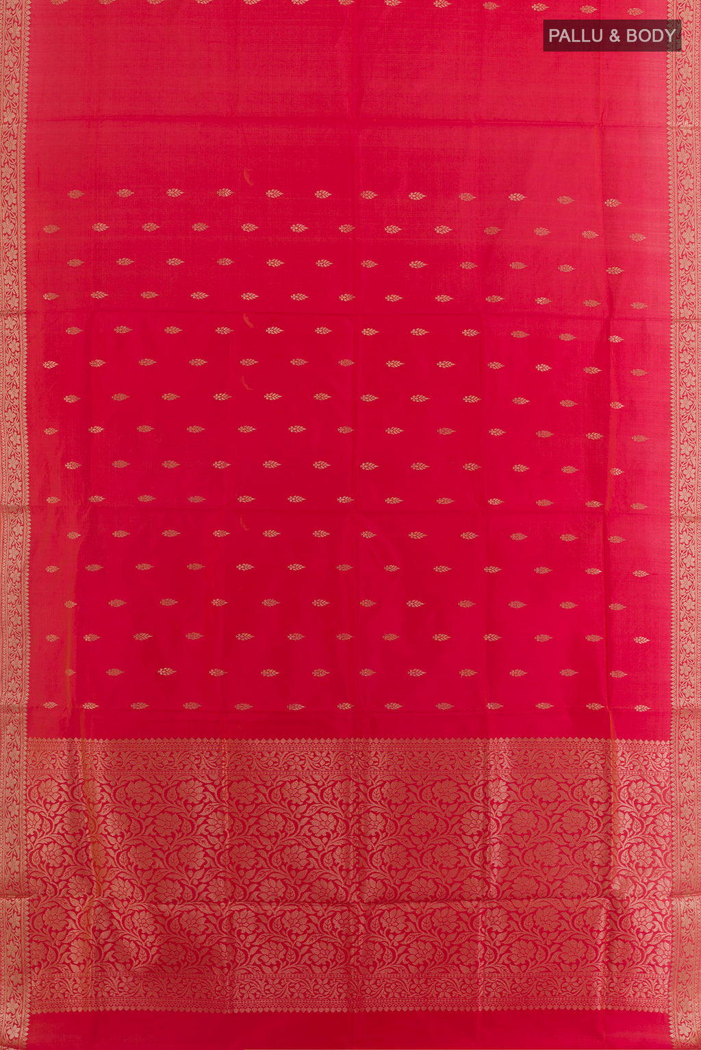 Flat view of Pure Silk Red Banarasi Katan Saree with Zari Butta on the body and Zari Border. 