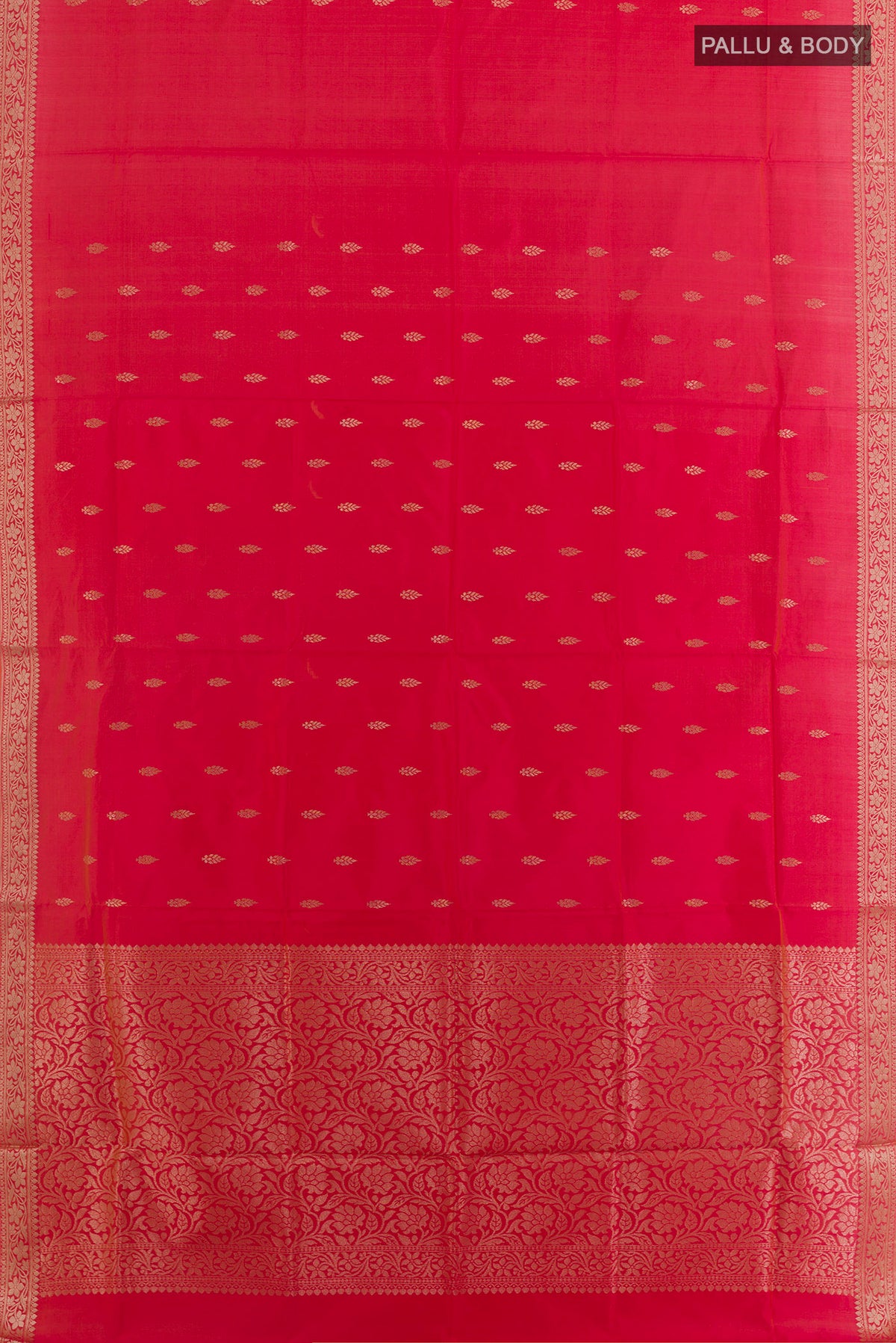 Flat view of Pure Silk Red Banarasi Katan Saree with Zari Butta on the body and Zari Border. 