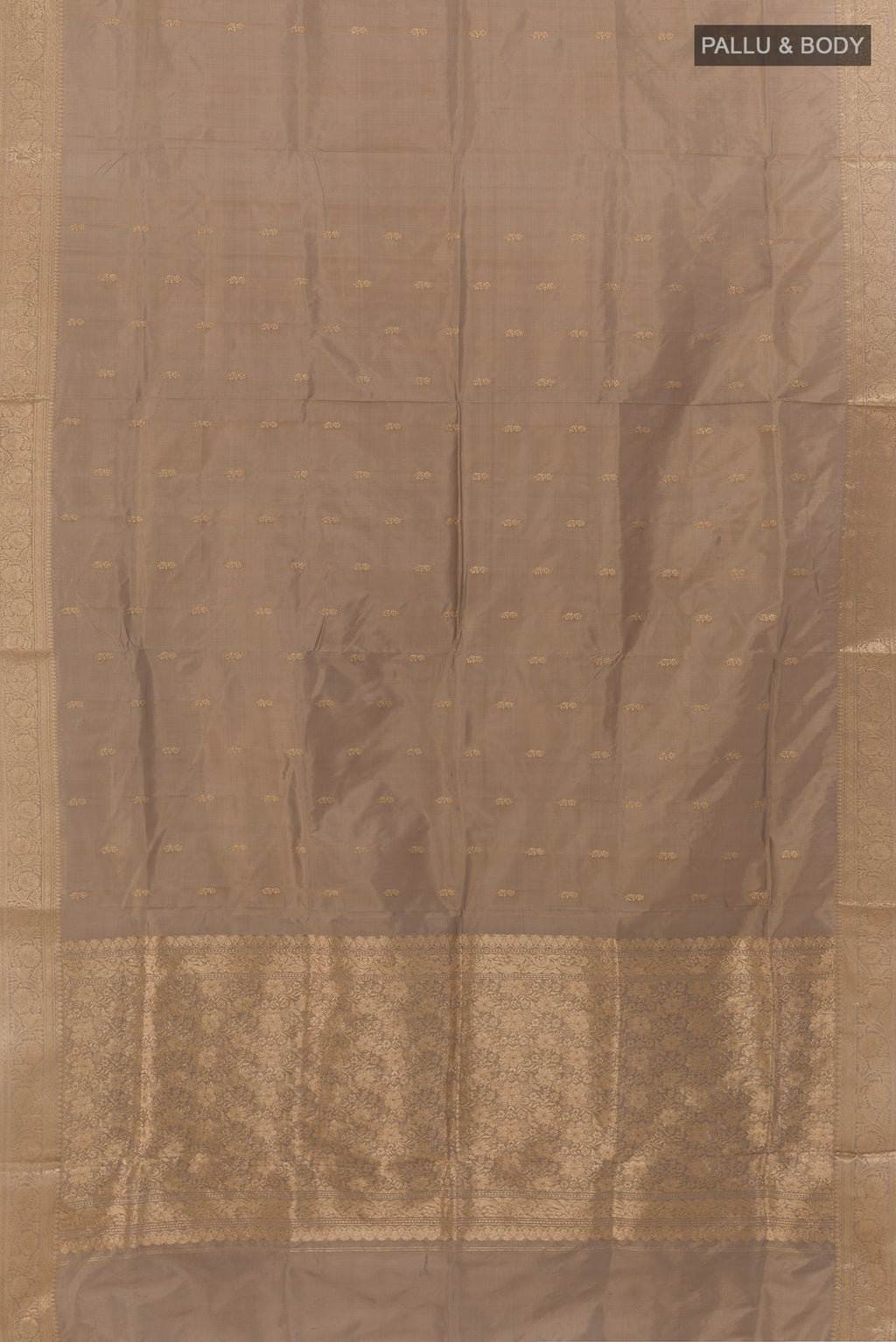 Flat view of Pure Silk Grey Banarasi Katan Saree with Zari Butta on the body and Zari Border. 