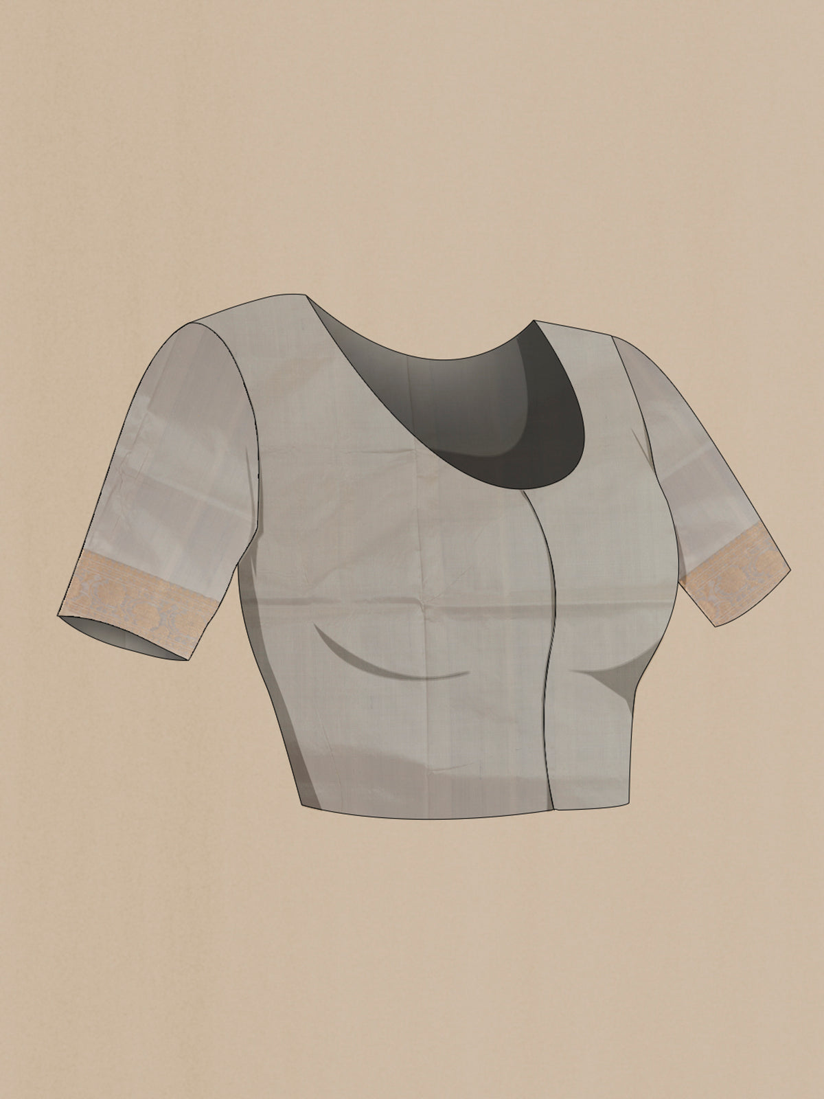 Close up image of the blouse of Pure Silk Grey Banarasi Katan Saree with Zari Butta on the body and Zari Border. 