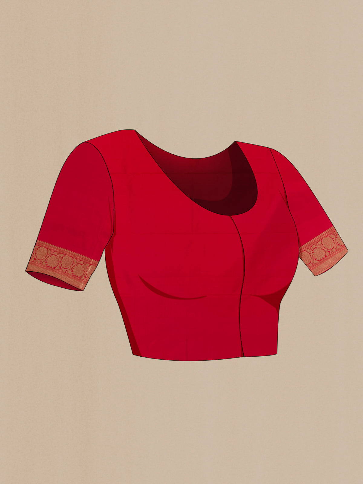 Close up image of the blouse of Pure Silk Red Banarasi Katan Saree with Zari Butta on the body and Zari Border. 