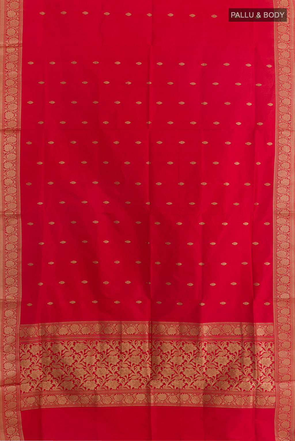 Flat view of Pure Silk Red Banarasi Katan Saree with Zari Butta on the body and Zari Border. 