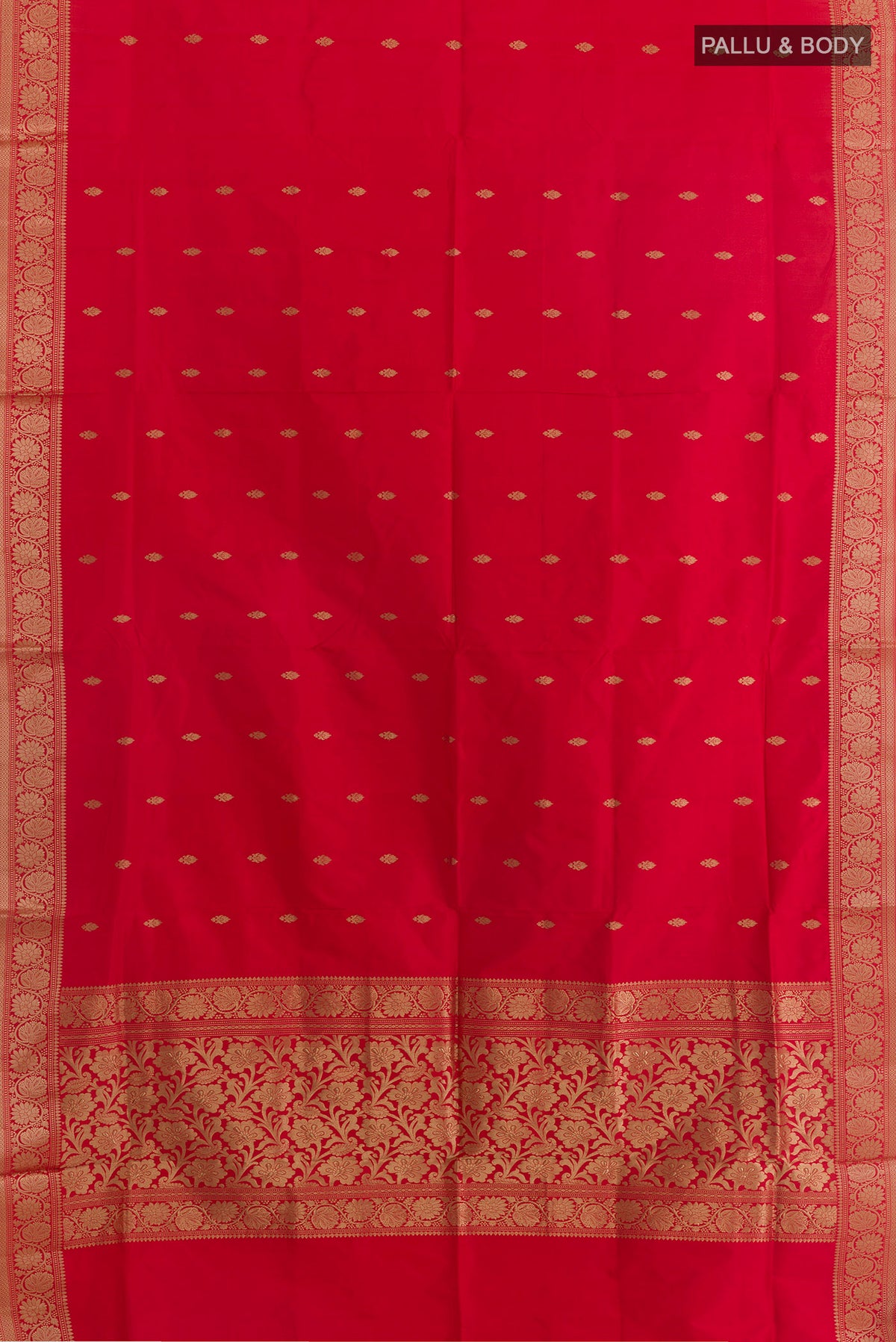 Flat view of Pure Silk Red Banarasi Katan Saree with Zari Butta on the body and Zari Border. 
