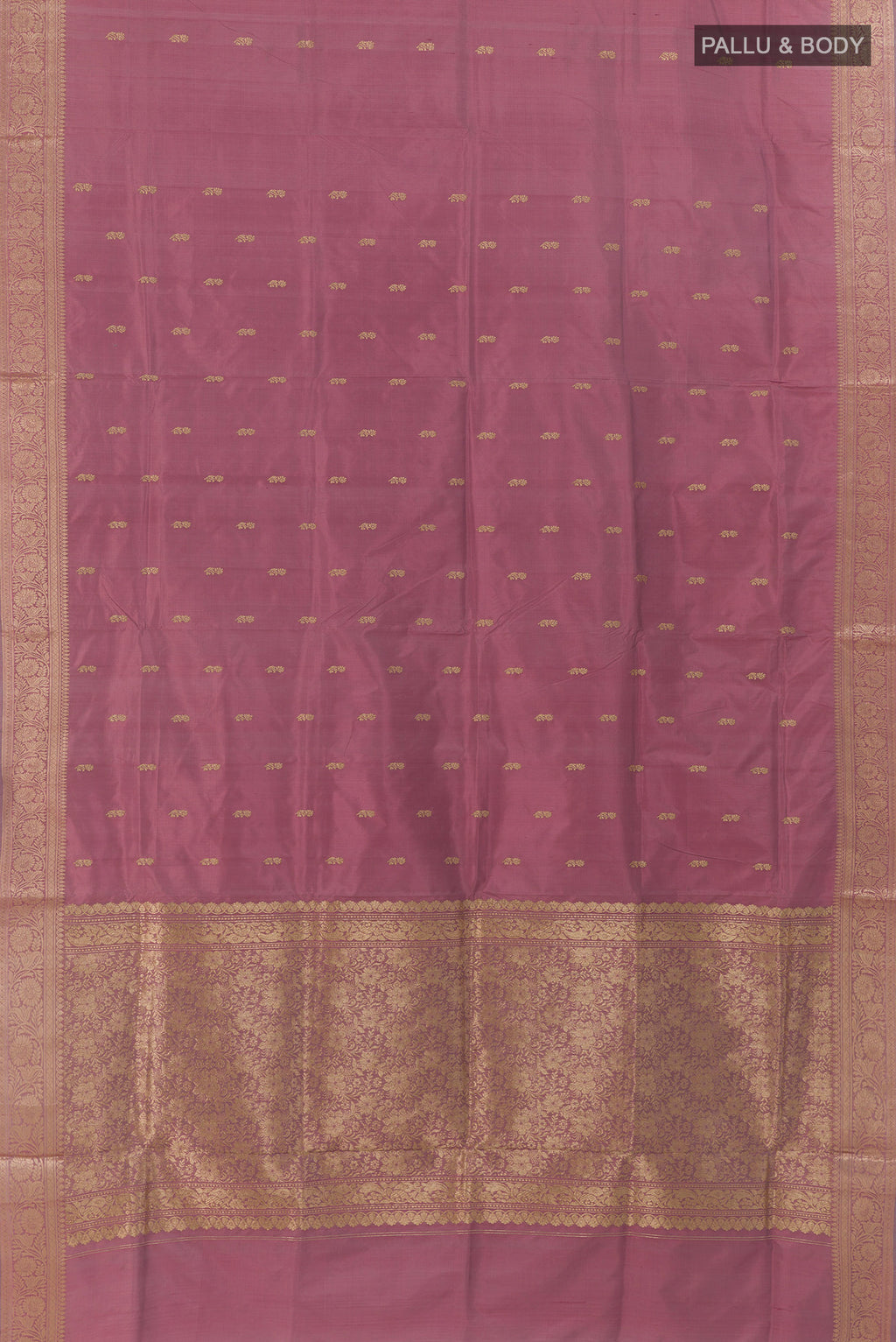 Flat view of Pure Silk Mauve Banarasi Katan Saree with Zari Butta on the body and Zari Border. 