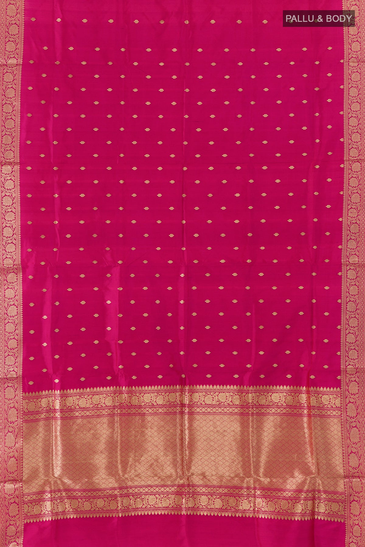 Flat view of Pure Silk Pink Banarasi Katan Saree with Zari Butta on the body and Zari Border. 