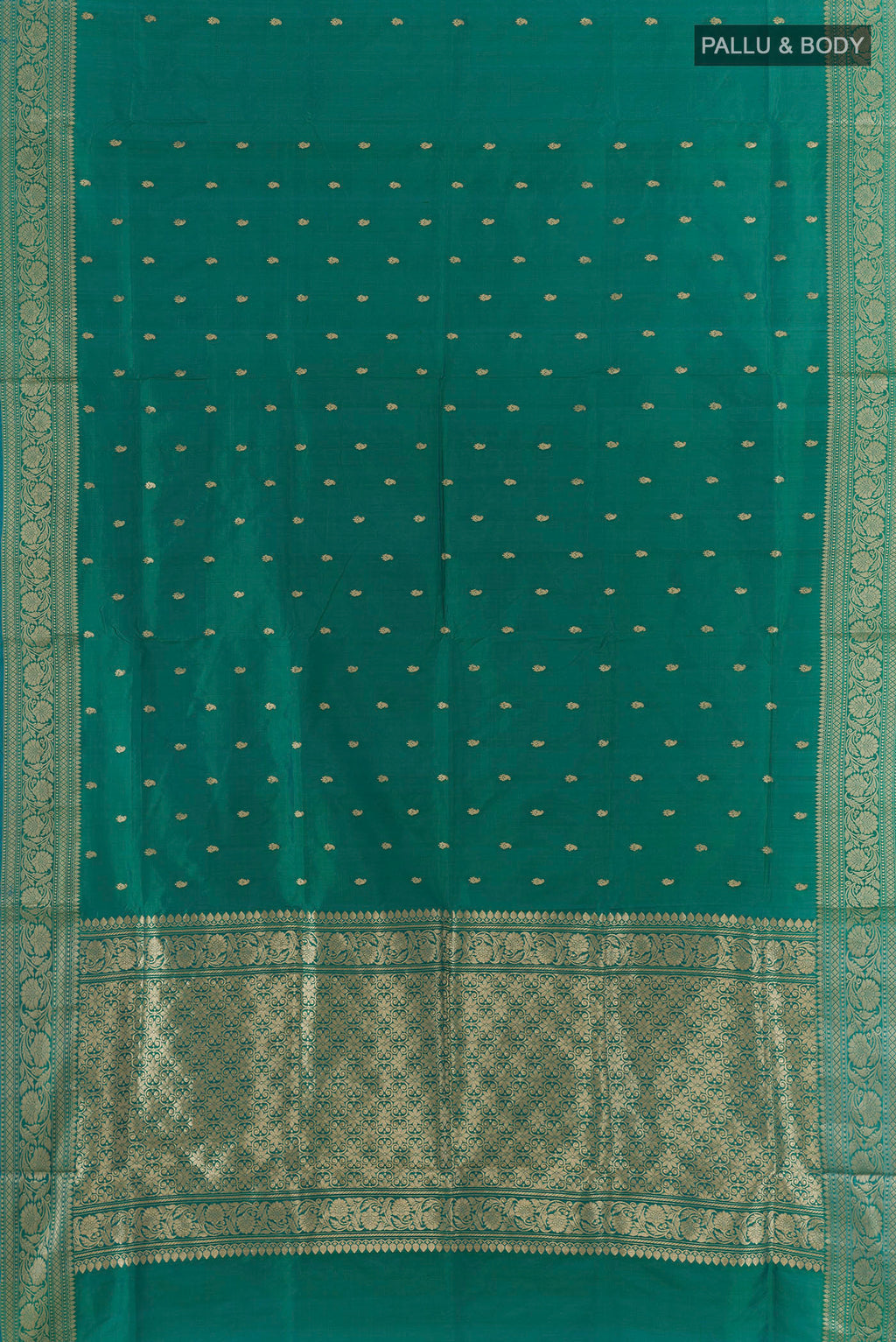 Flat view of Pure Silk Green Banarasi Katan Saree with Zari Butta on the body and Zari Border. 