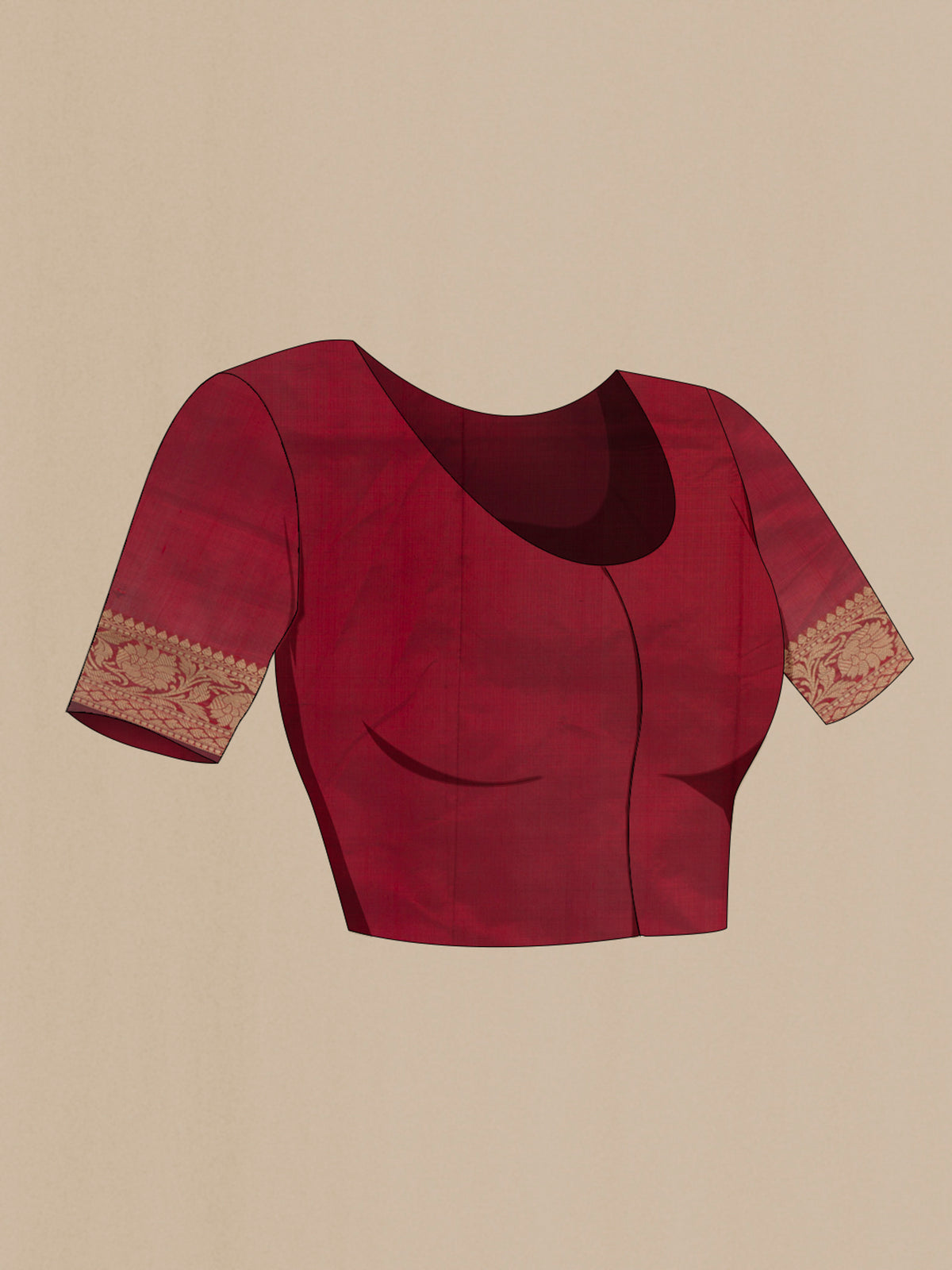 Close up image of the blouse of Pure Silk Maroon Banarasi Katan Saree with Zari Butta on the body and Zari Border. 