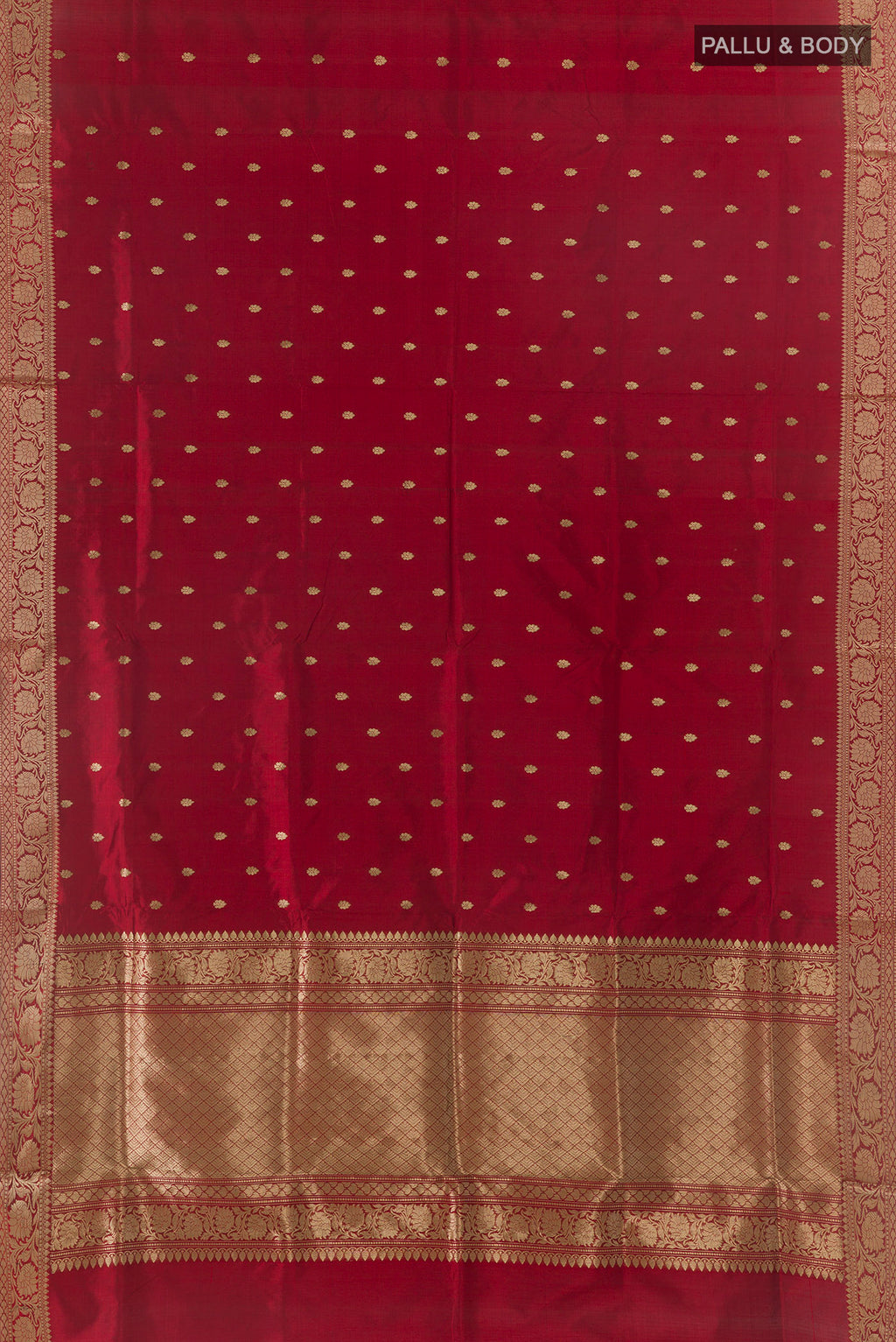 Flat view of Pure Silk Maroon Banarasi Katan Saree with Zari Butta on the body and Zari Border. 