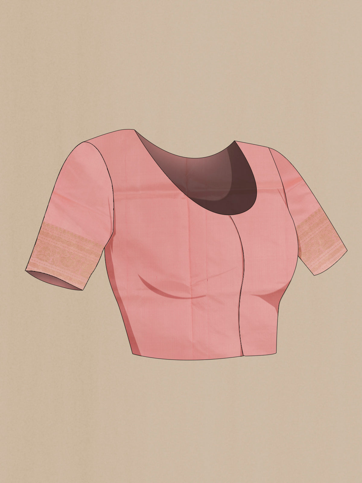 Close up image of the blouse of Pure Silk Peach Banarasi Katan Saree with Zari Butta on the body and Zari Border. 