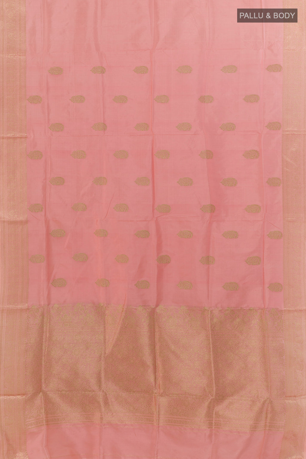 Flat view of Pure Silk Peach Banarasi Katan Saree with Zari Butta on the body and Zari Border. 