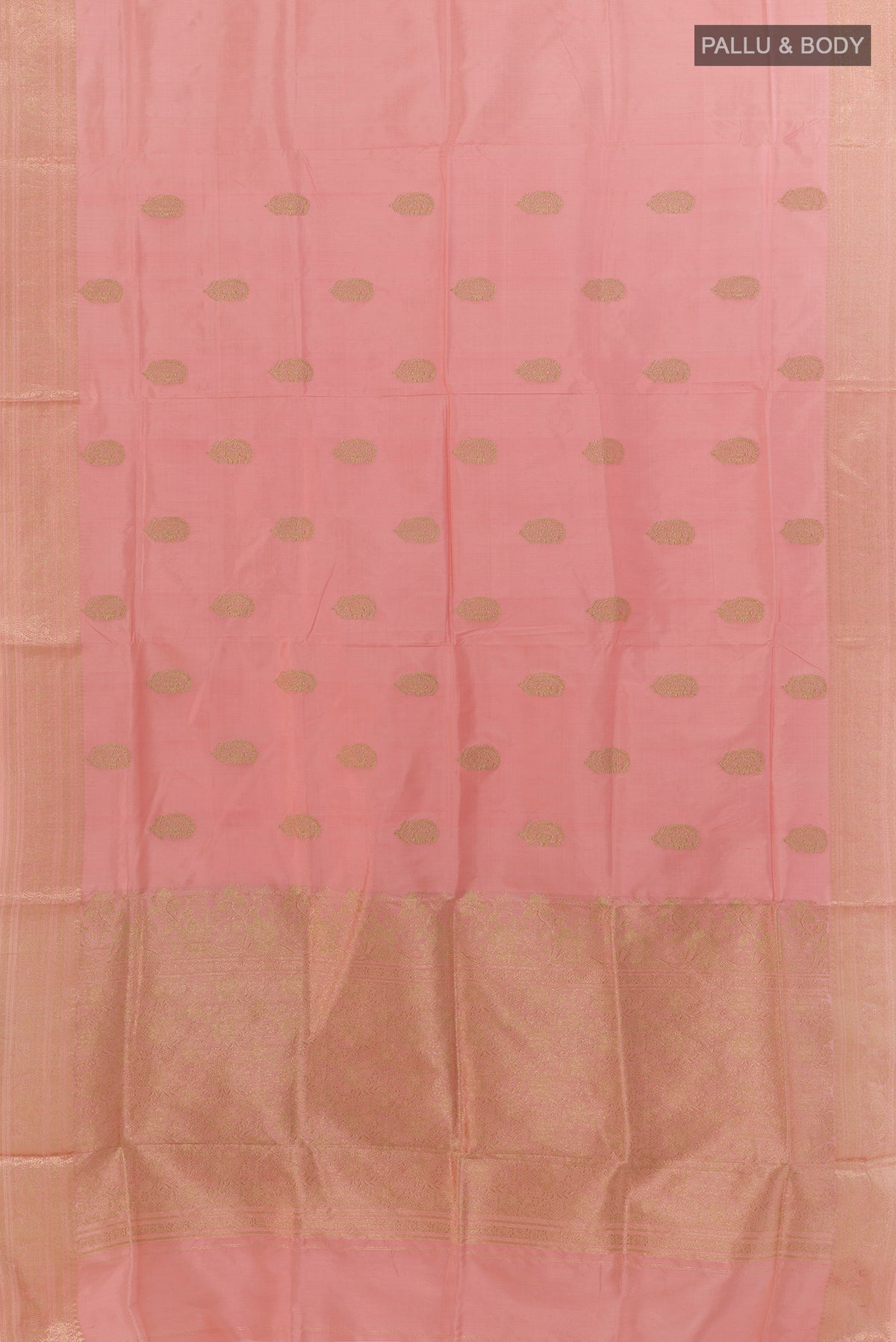 Flat view of Pure Silk Peach Banarasi Katan Saree with Zari Butta on the body and Zari Border. 