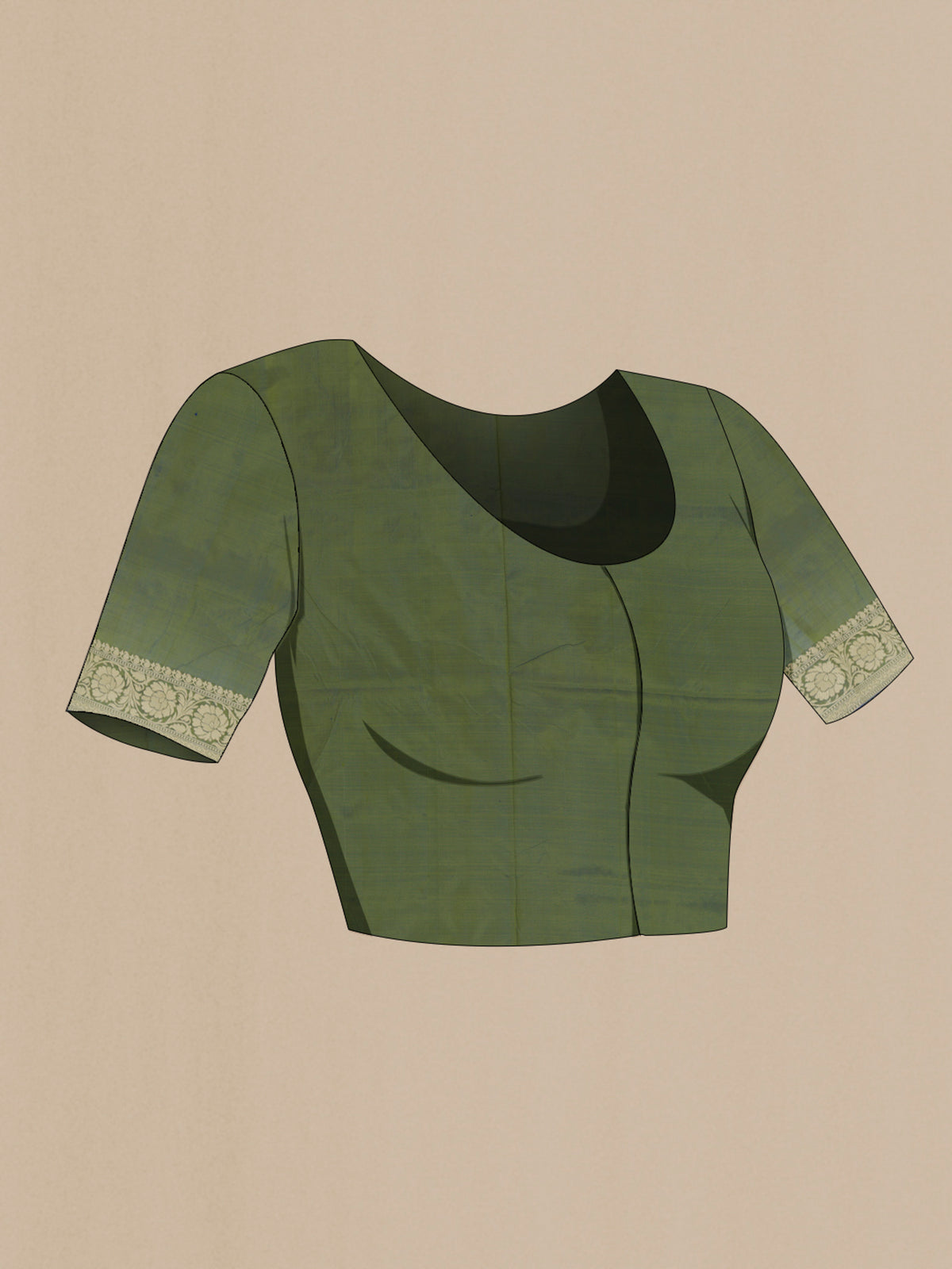 Close up image of the blouse of Pure Silk Green Dual Tone Banarasi Katan Saree with Thread Butta on the body and Thread Border. 