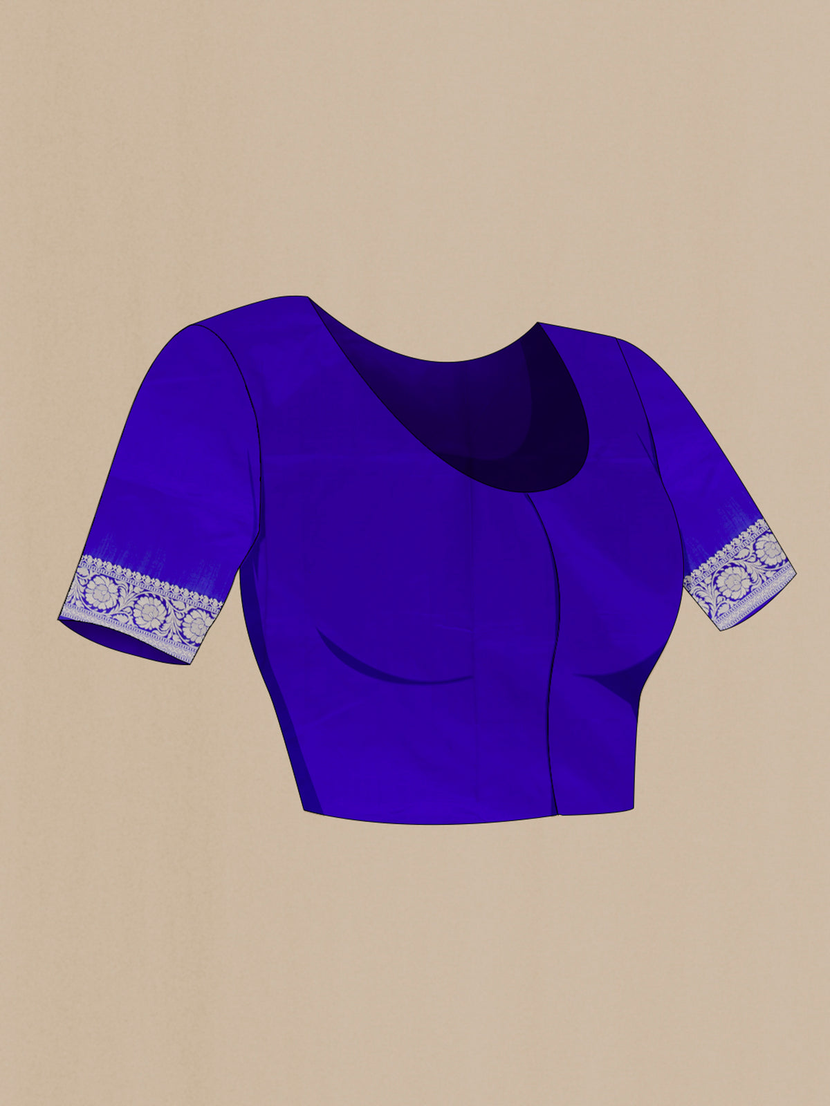 Close up image of the blouse of Pure Silk Royal Blue Banarasi Katan Saree with Thread Butta on the body and Thread Border. 