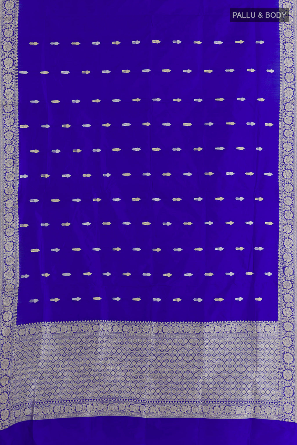 Flat view of Pure Silk Royal Blue Banarasi Katan Saree with Thread Butta on the body and Thread Border. 