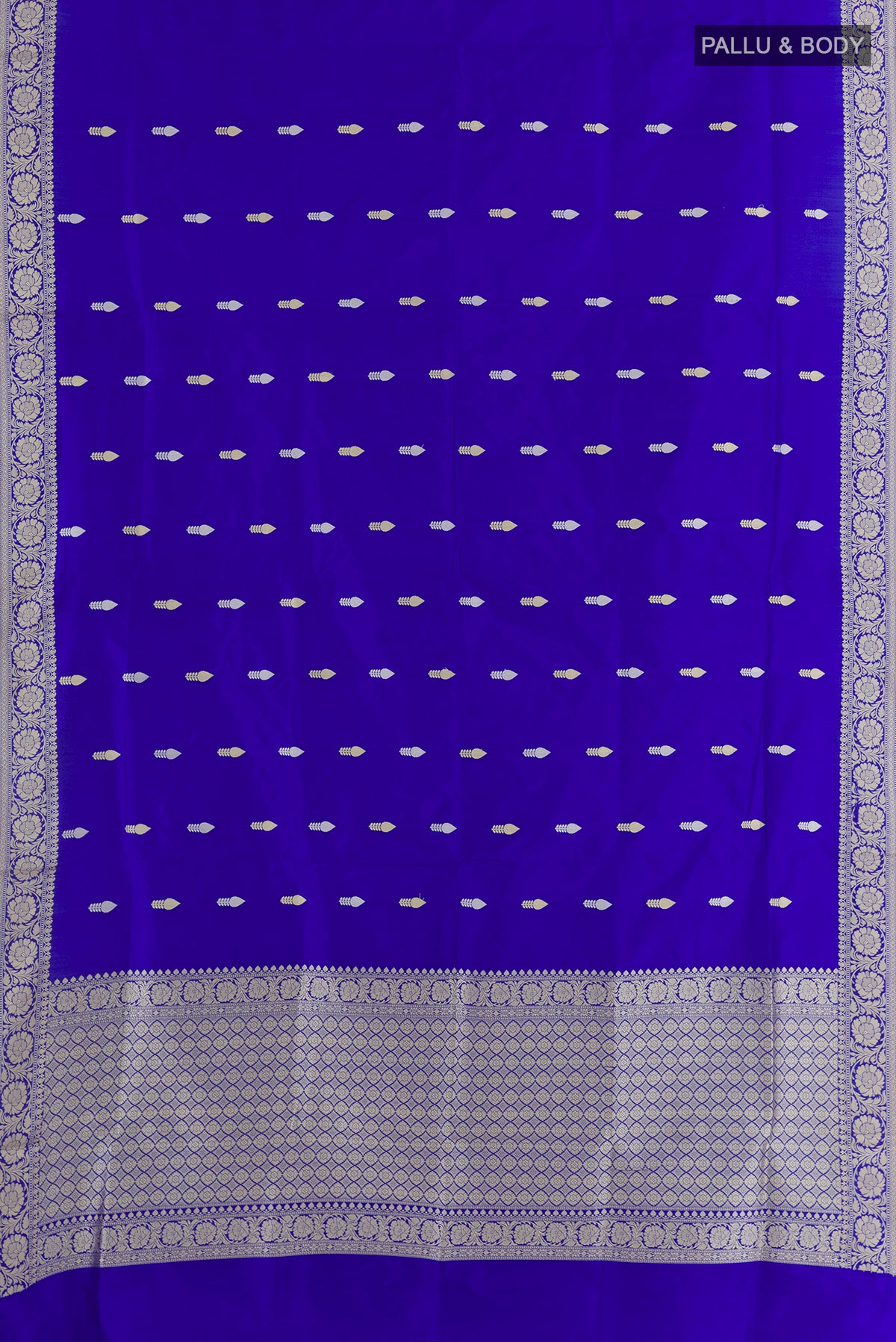 Flat view of Pure Silk Royal Blue Banarasi Katan Saree with Thread Butta on the body and Thread Border. 