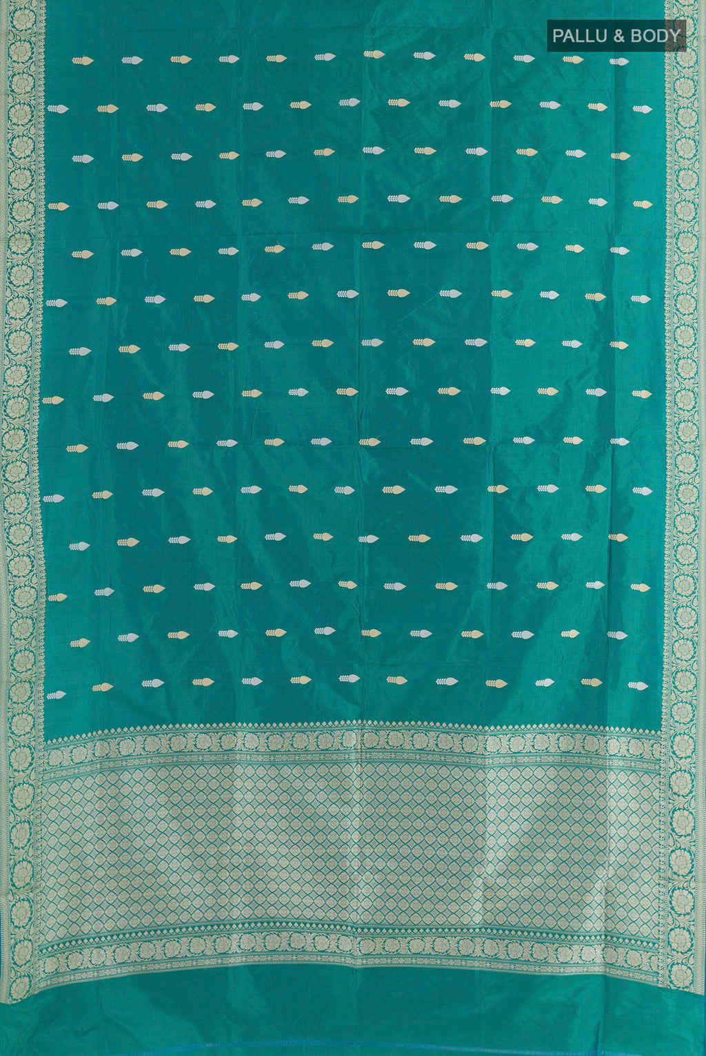 Flat view of Pure Silk Sea Green Banarasi Katan Saree with Thread Butta on the body and Thread Border. 