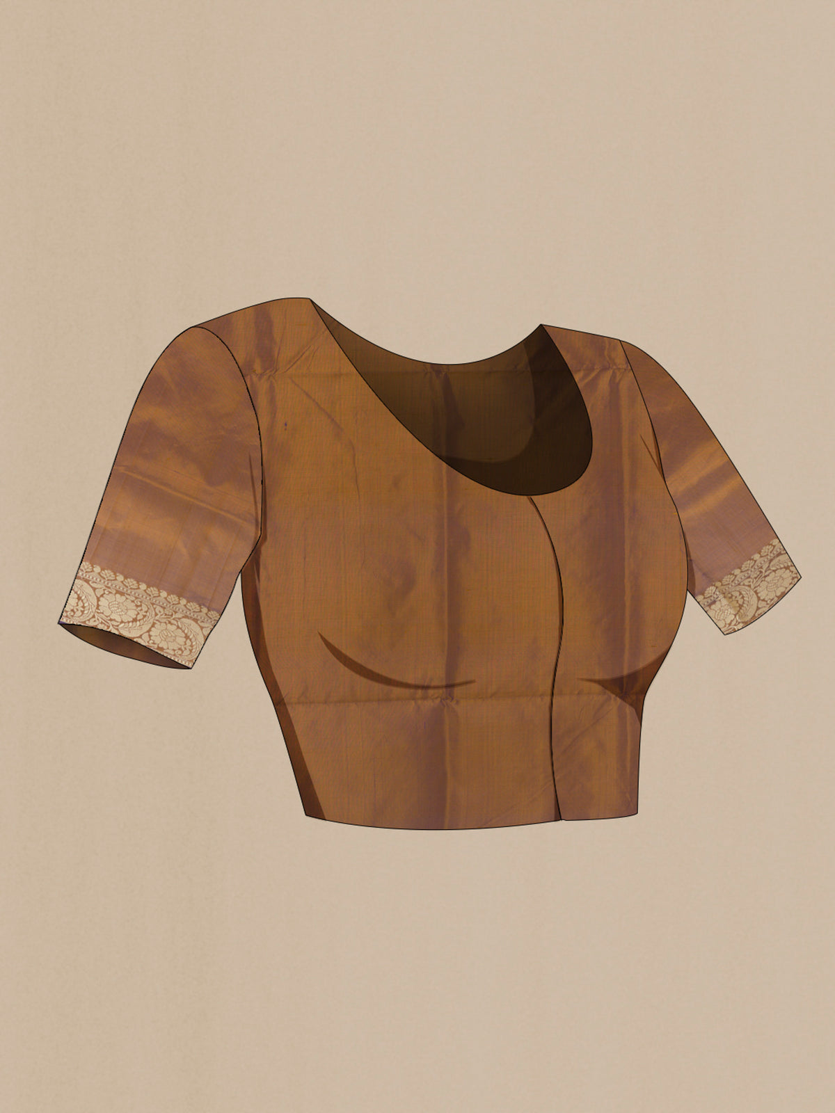 Close up image of the blouse of Pure Silk Bronze Dual Tone Banarasi Katan Saree with Thread Butta on the body and Thread Border. 