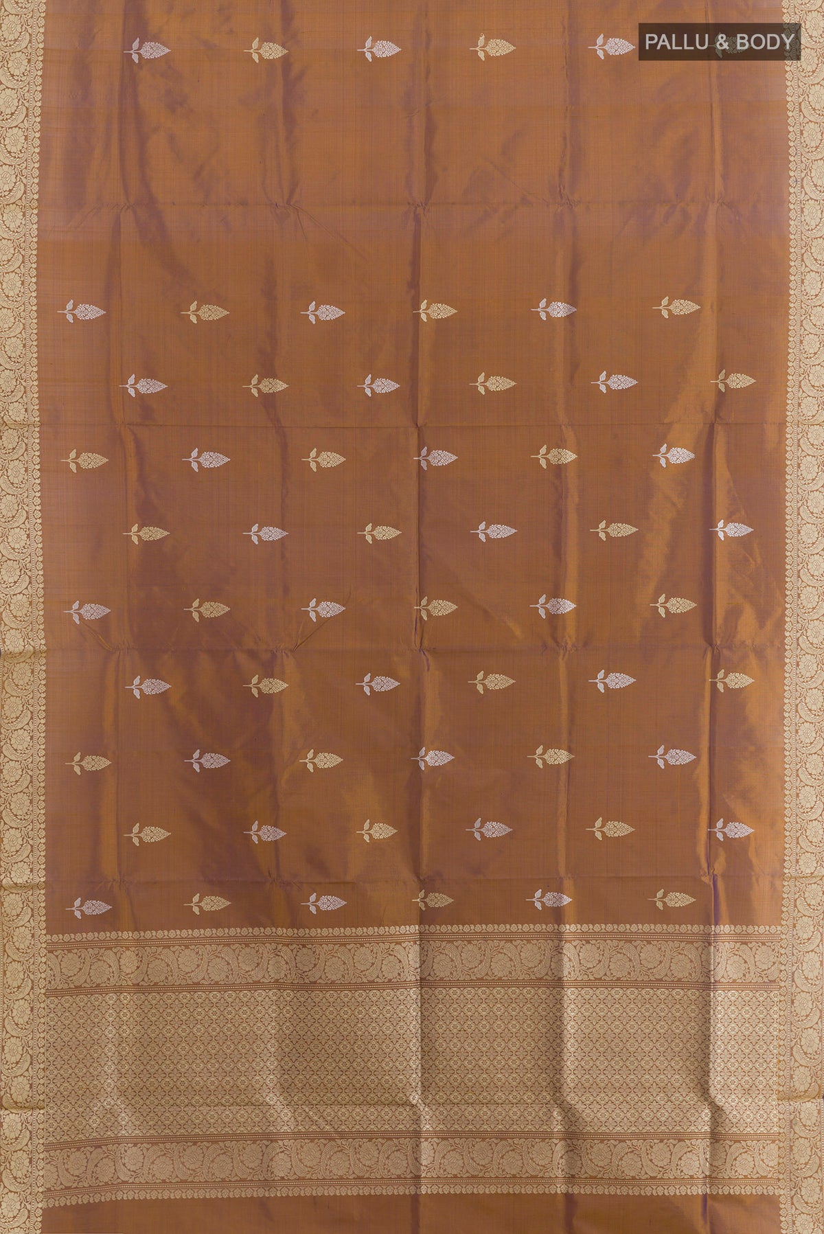 Flat view of Pure Silk Bronze Dual Tone Banarasi Katan Saree with Thread Butta on the body and Thread Border. 