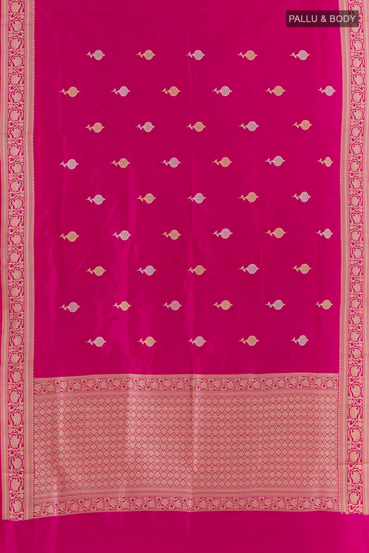 Flat view of Pure Silk Pink Banarasi Katan Saree with Thread Butta on the body and Thread Border. 