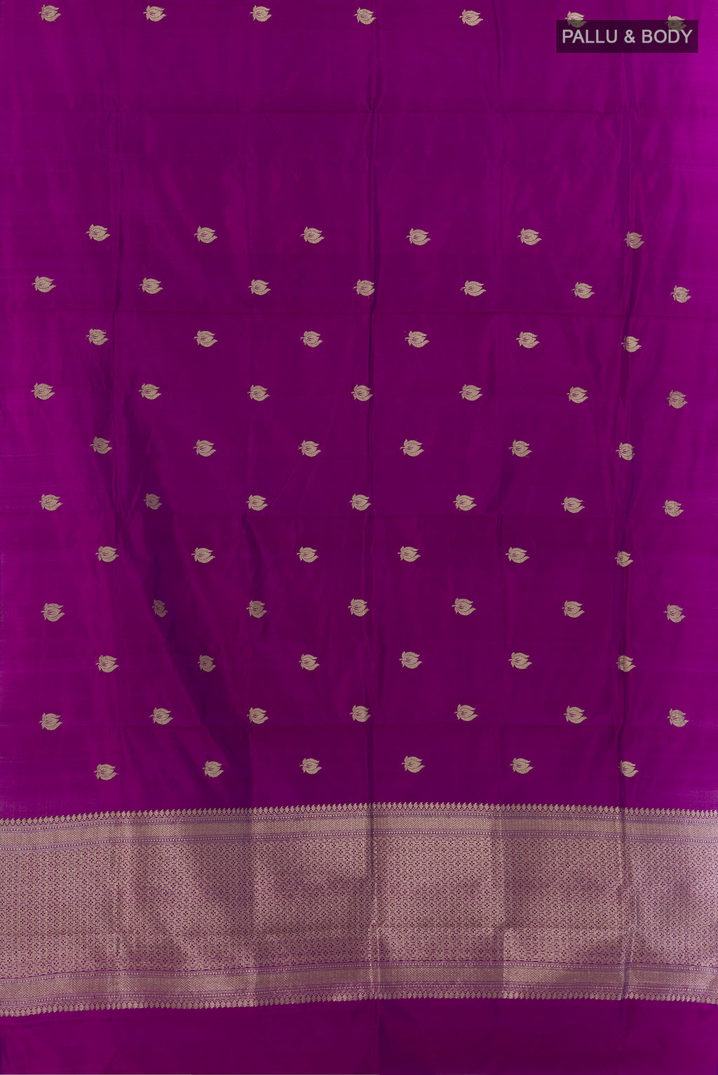 Flat view of Pure Silk Purple Banarasi Katan Saree with Zari Butta on the body and Without Border. 