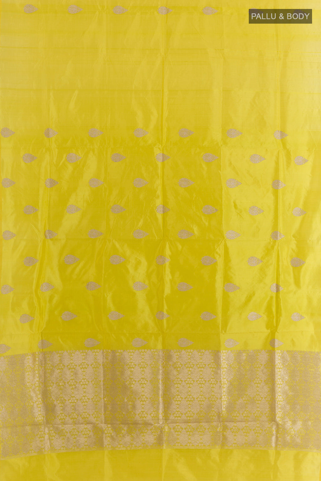 Flat view of Pure Silk Yellow Banarasi Katan Saree with Zari Butta on the body and Without Border. 
