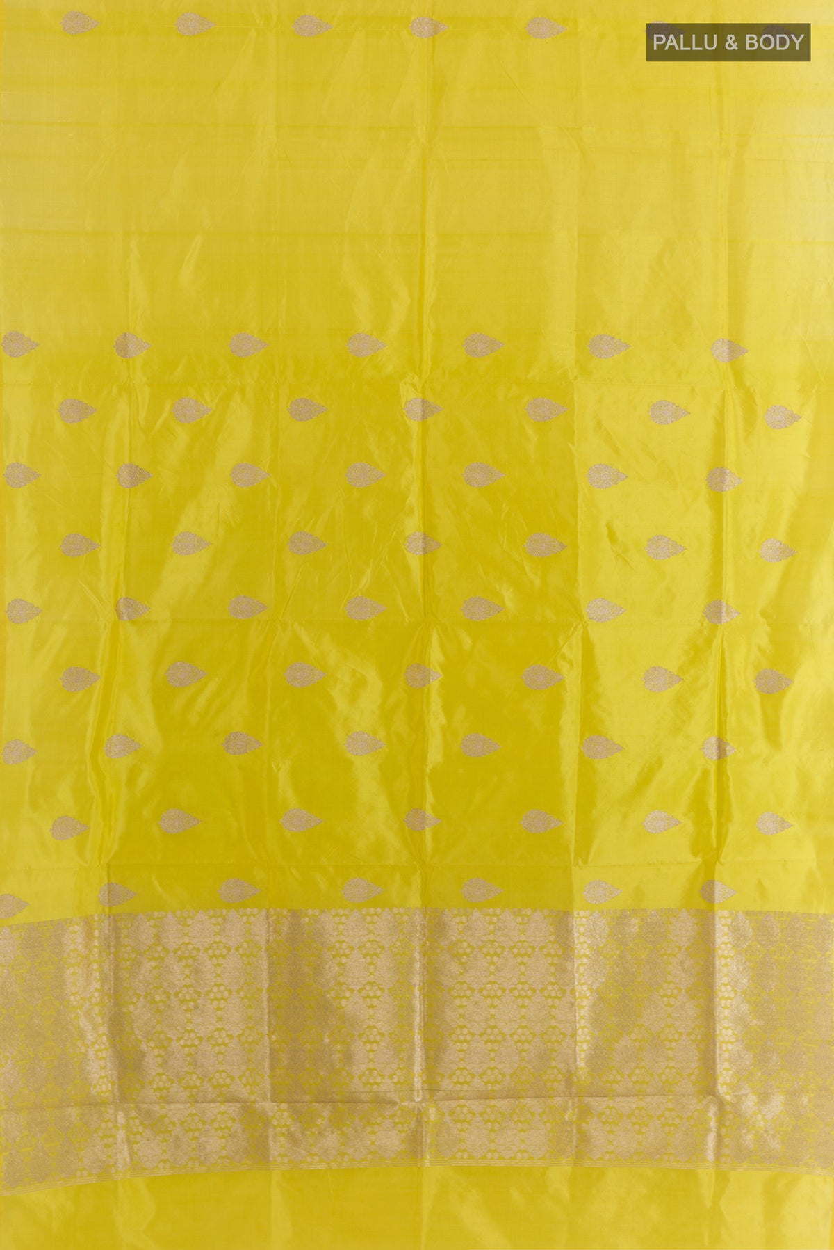 Flat view of Pure Silk Yellow Banarasi Katan Saree with Zari Butta on the body and Without Border. 