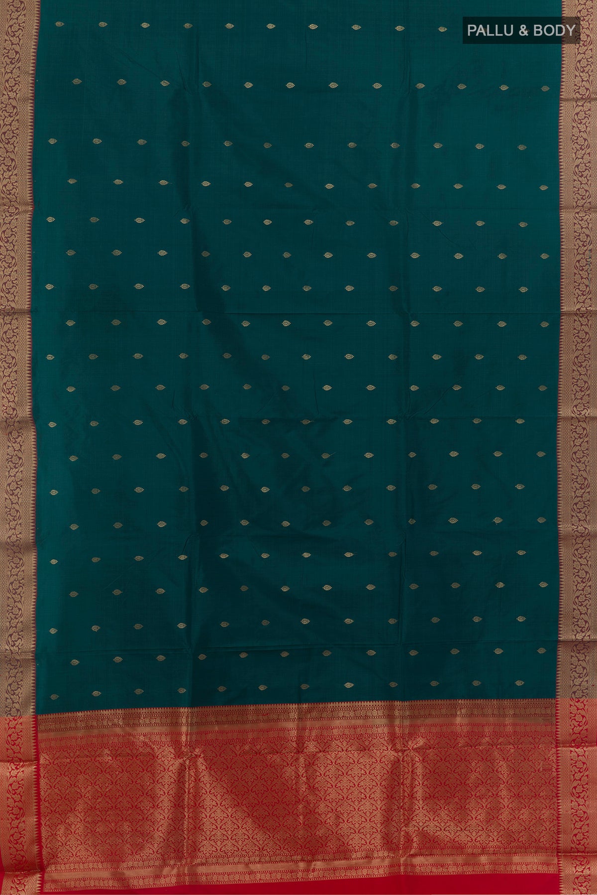 Flat view of Pure Silk Teal Banarasi Katan Saree with Zari Butta on the body and Zari Border. 