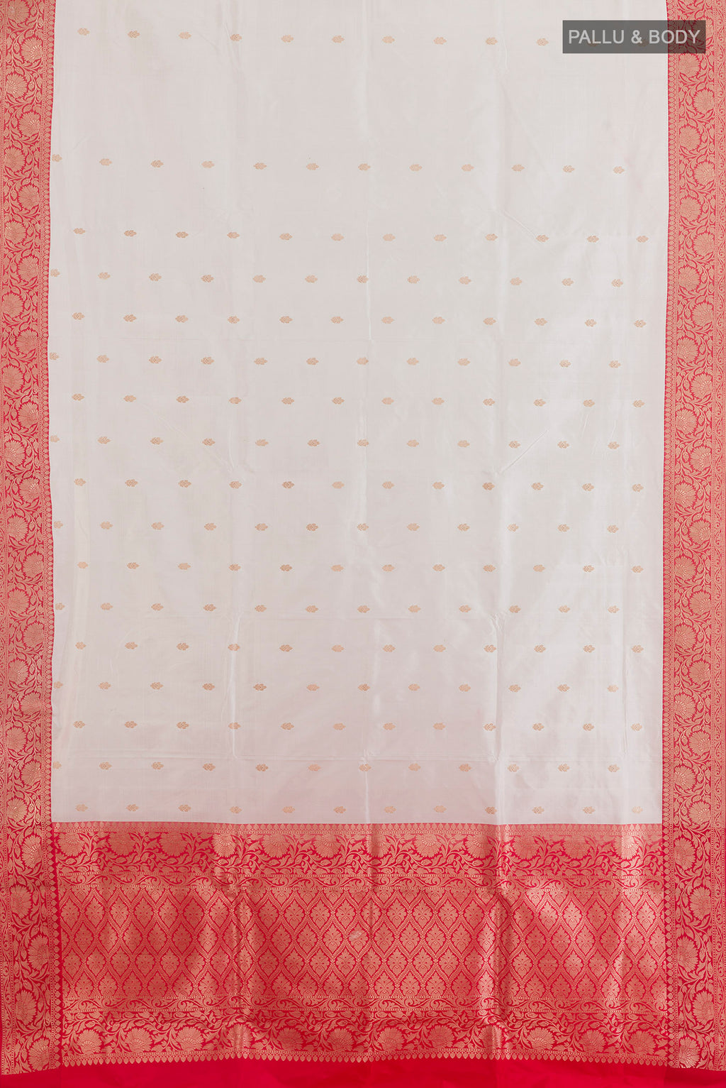 Flat view of Pure Silk White Banarasi Katan Saree with Zari Butta on the body and Zari Border. 